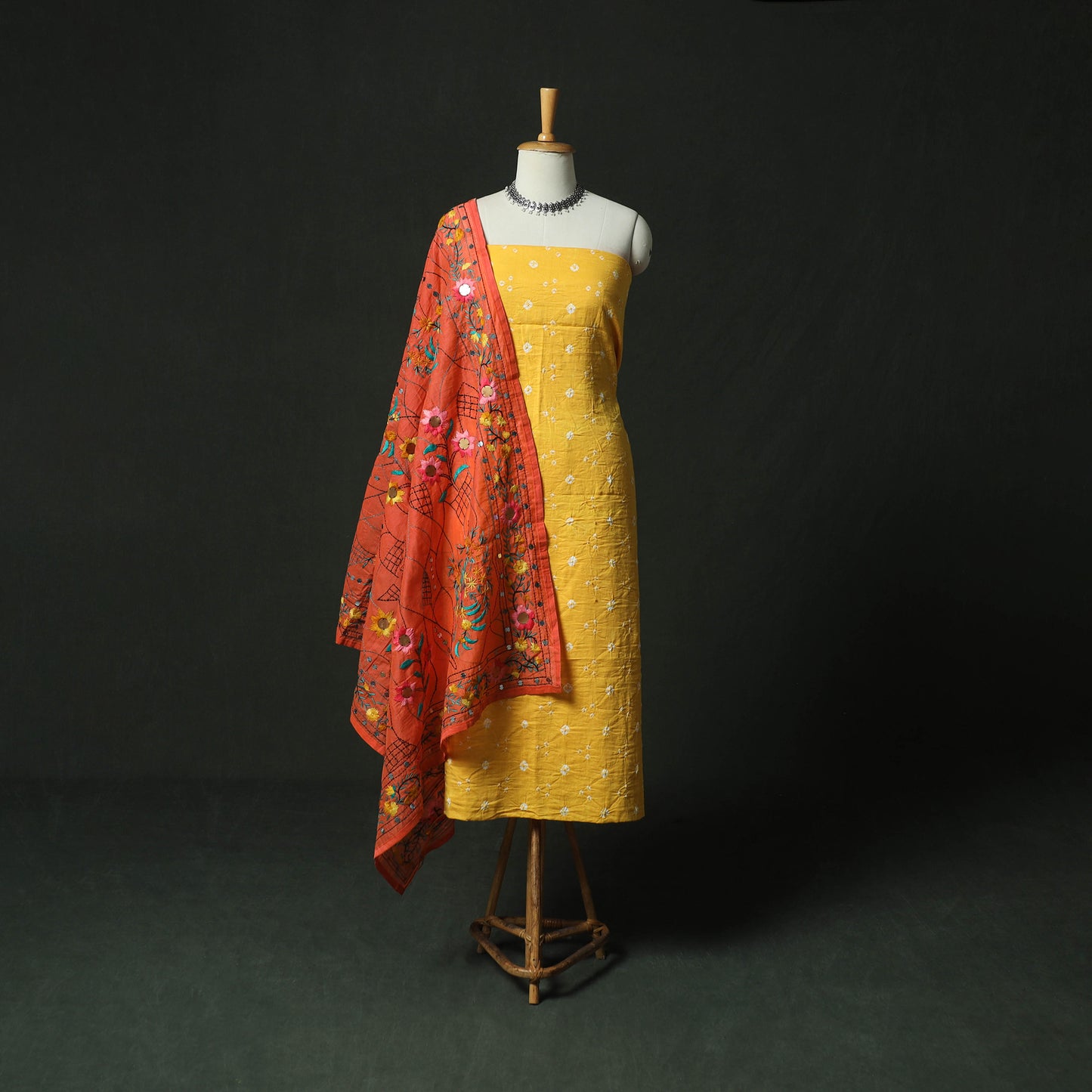 Yellow - Kutch Bandhani Tie-Dye Cotton 2pc Unstitched Dress Material Kurta Set with Earrings 26