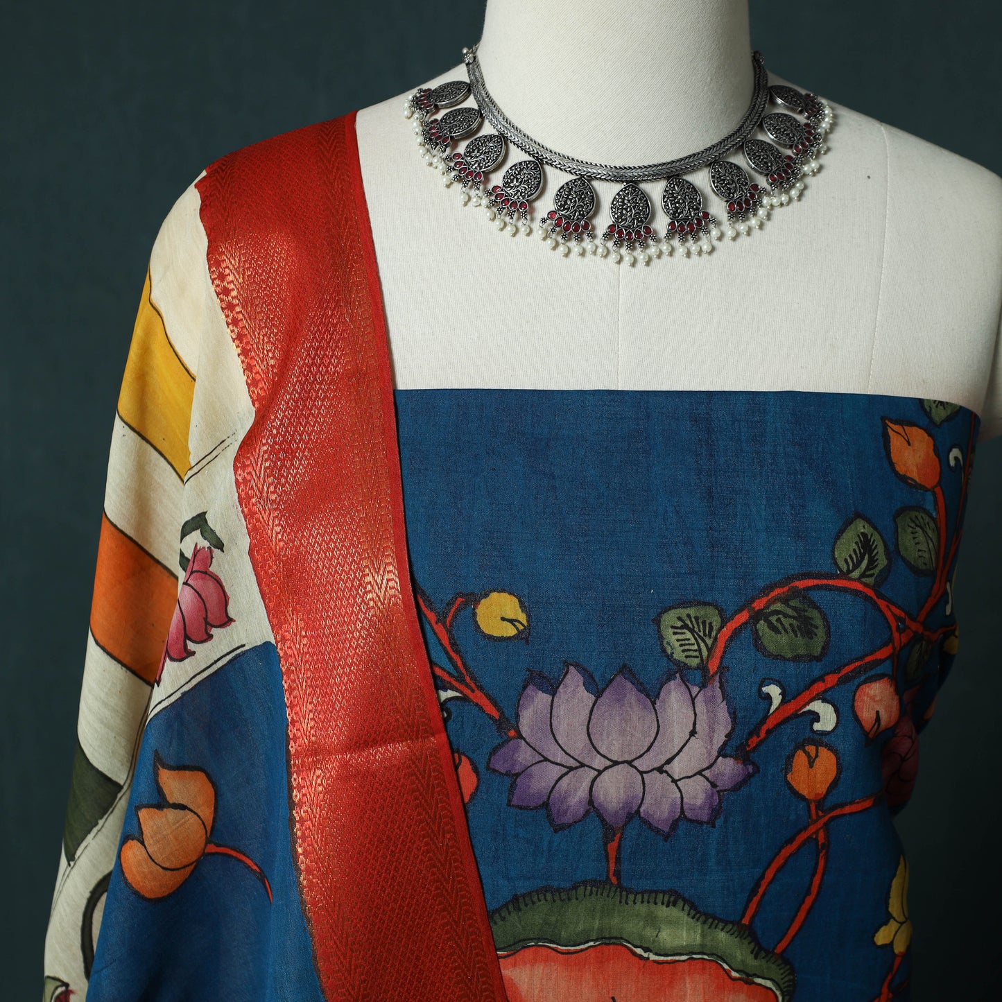 Handpainted Srikalahasti Pen Work Kalamkari Bangalore Silk 2pc Unstitched Dress Material Kurta Set 12