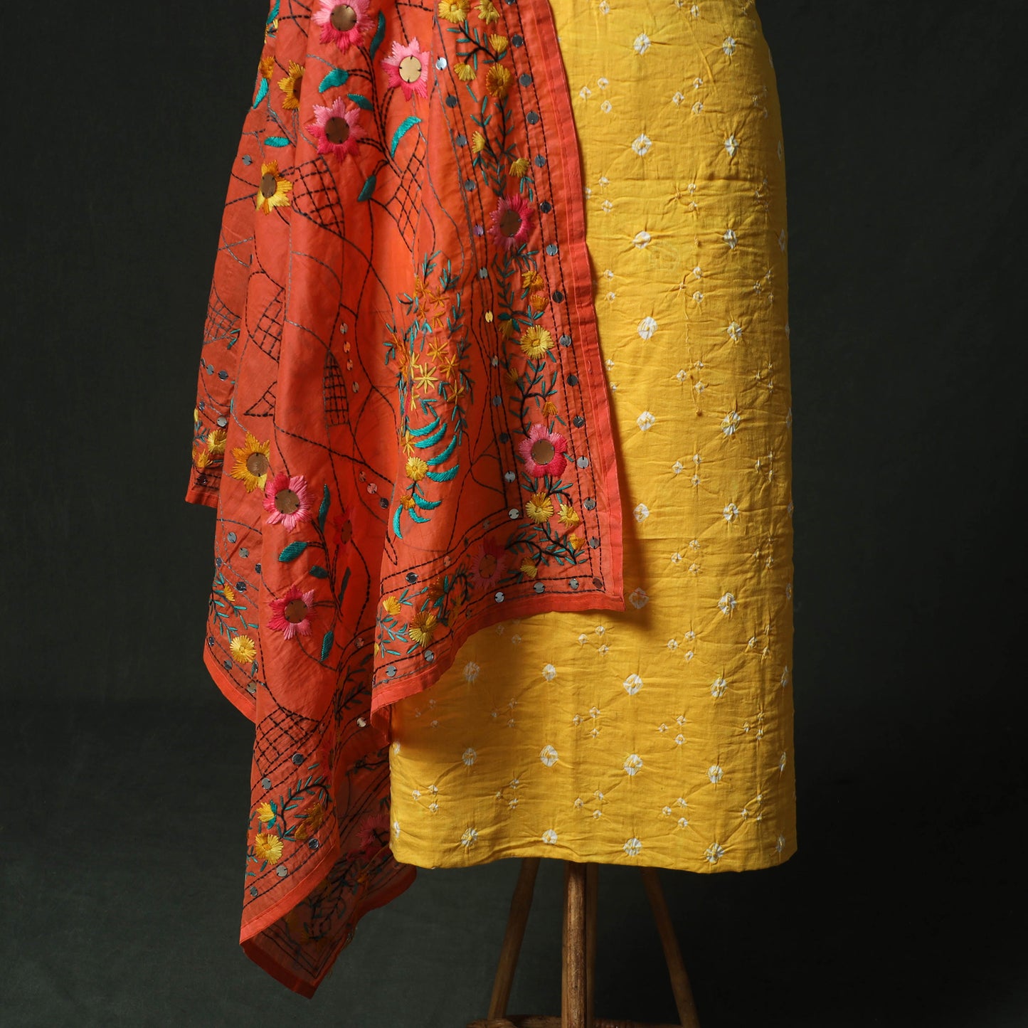 Yellow - Kutch Bandhani Tie-Dye Cotton 2pc Unstitched Dress Material Kurta Set with Earrings 26