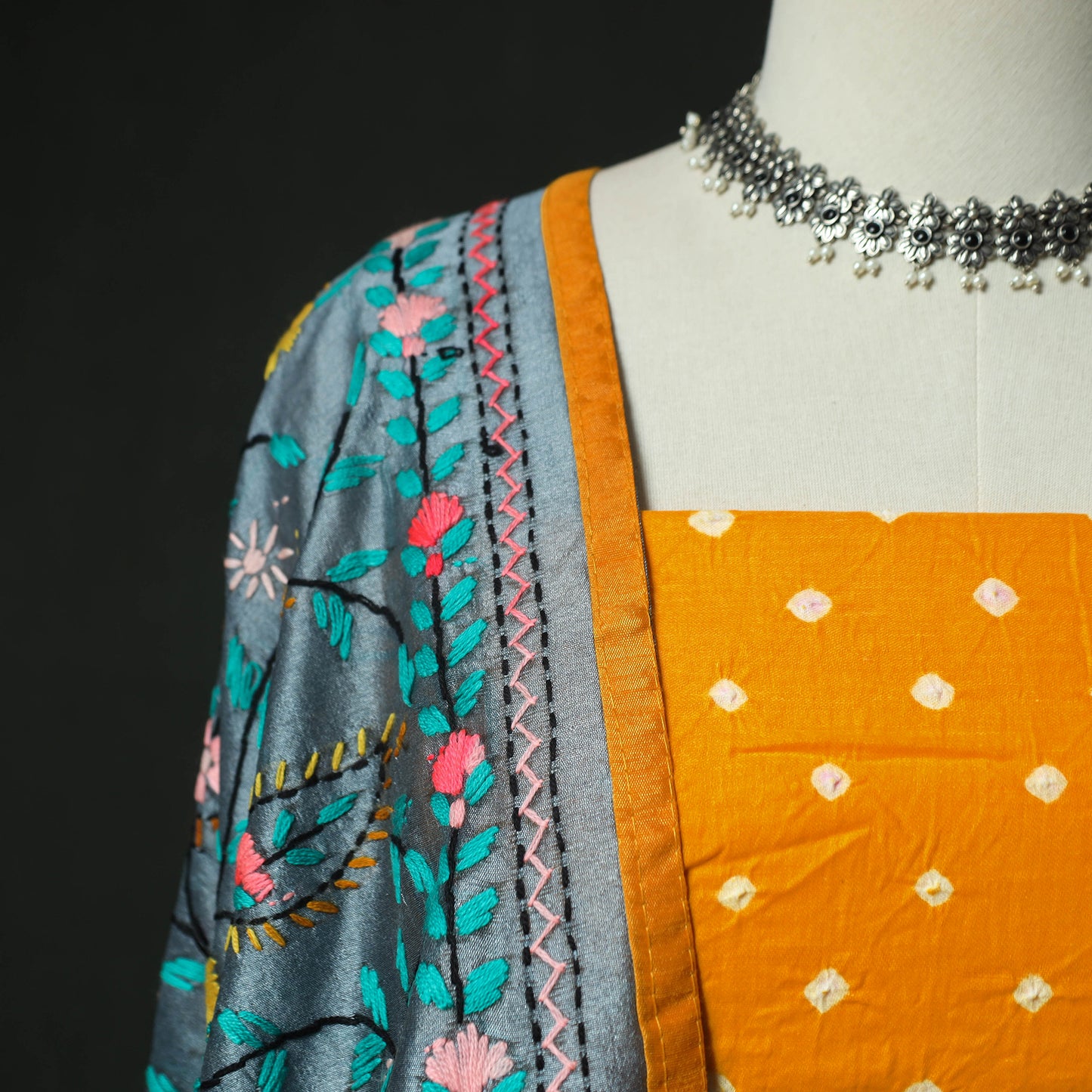 Yellow - Kutch Bandhani Tie-Dye Cotton 2pc Unstitched Dress Material Kurta Set with Earrings 27