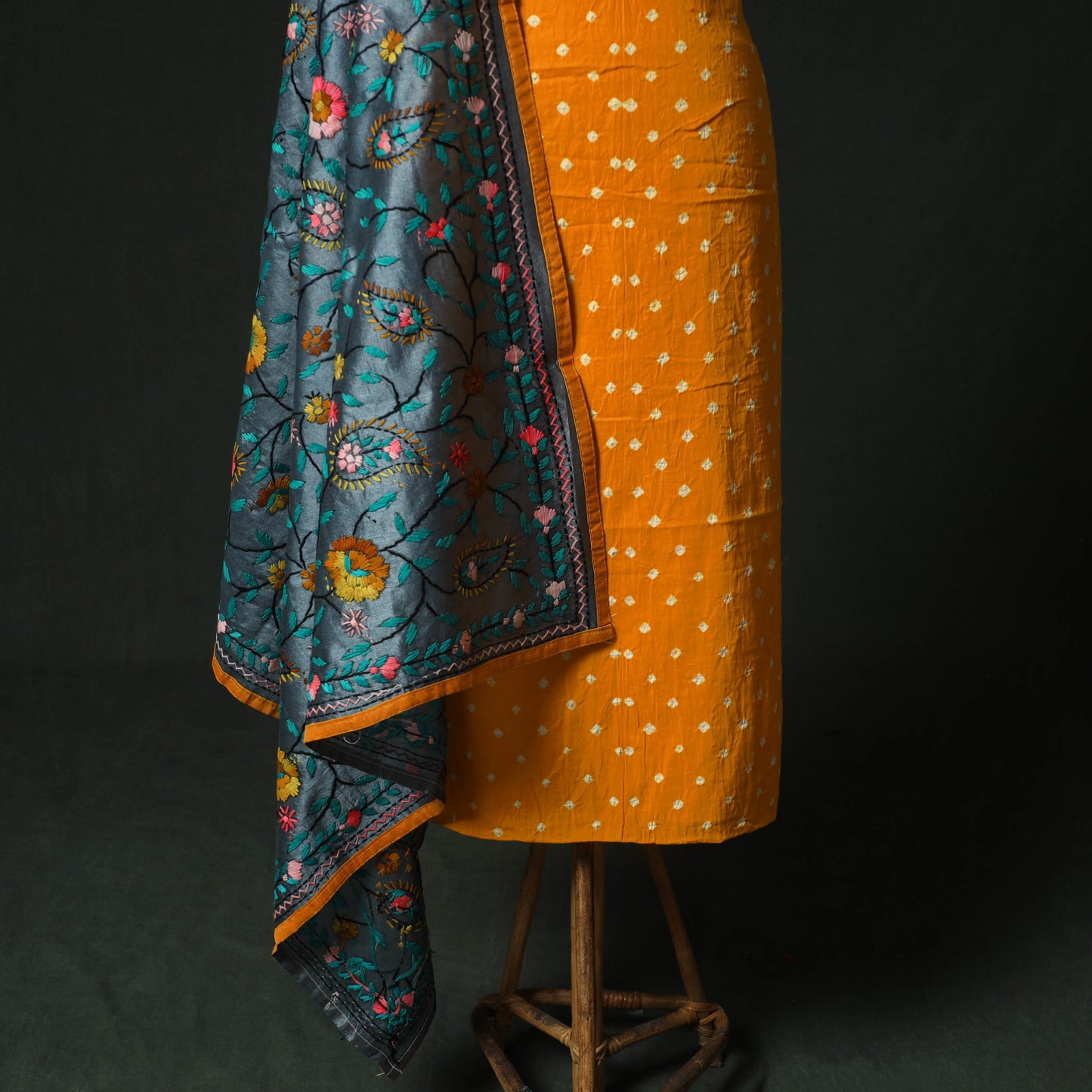 Yellow - Kutch Bandhani Tie-Dye Cotton 2pc Unstitched Dress Material Kurta Set with Earrings 27