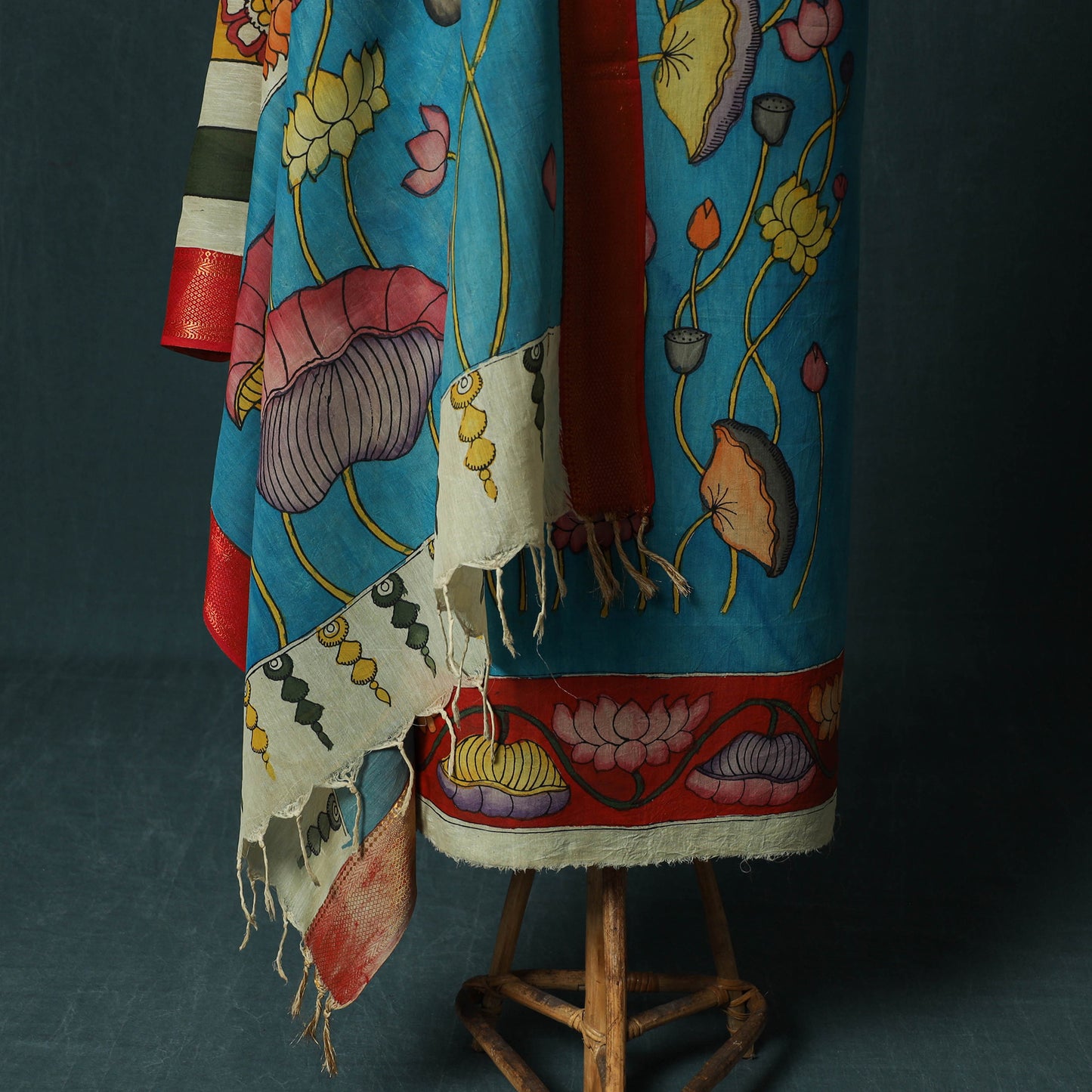 Handpainted Srikalahasti Pen Work Kalamkari Bangalore Silk 2pc Unstitched Dress Material Kurta Set 13