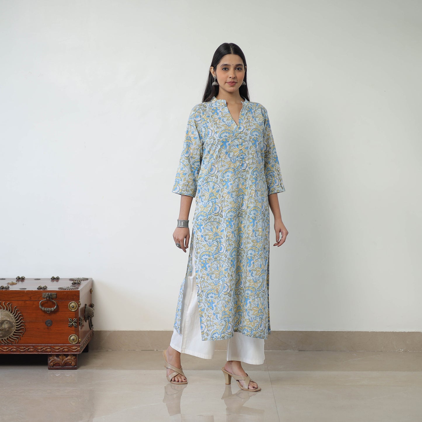 Buy Grey Straight Cotton Sanganeri Print Kurta for Women