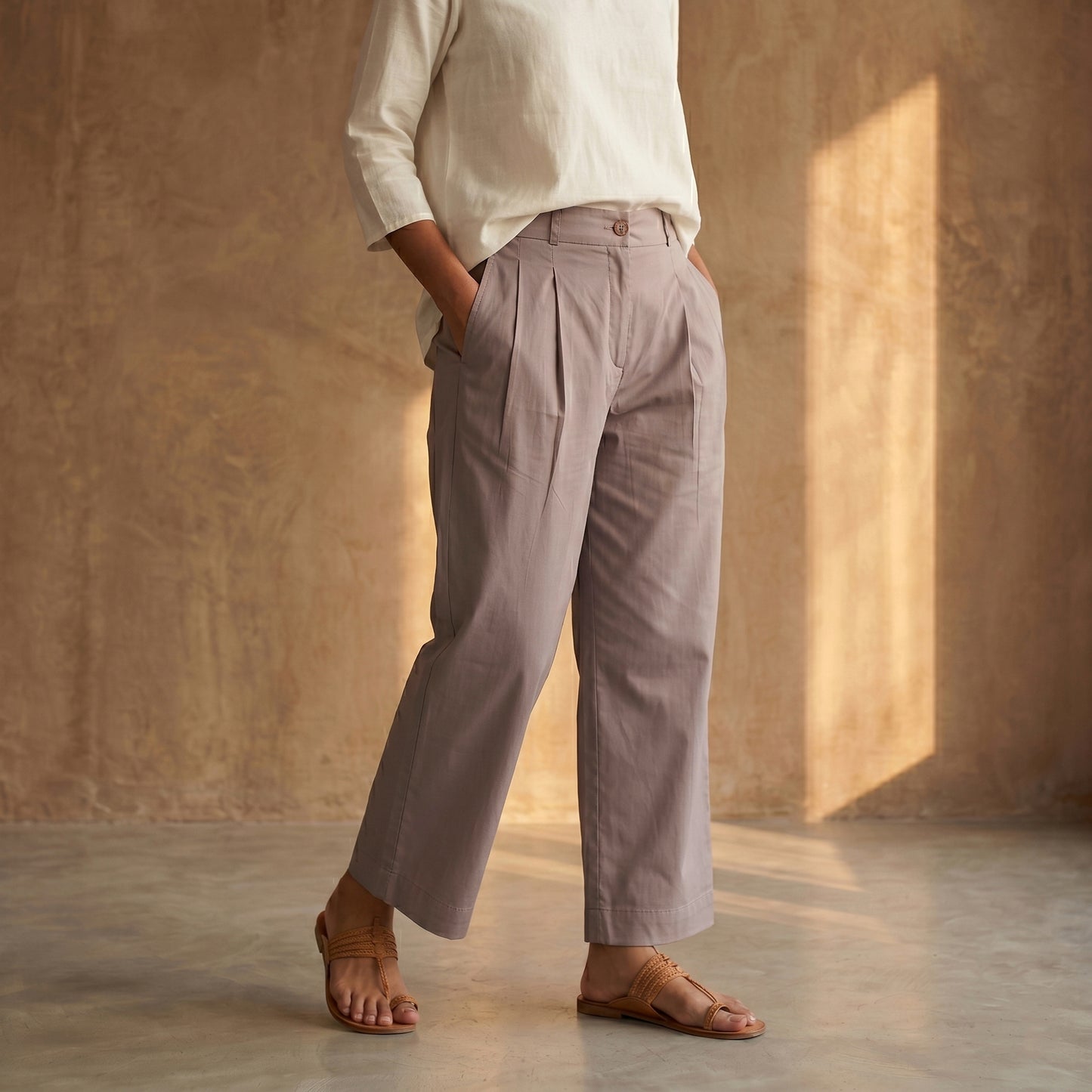 Beige - Cotton Lycra Elasticated Plain Pant for Women 05