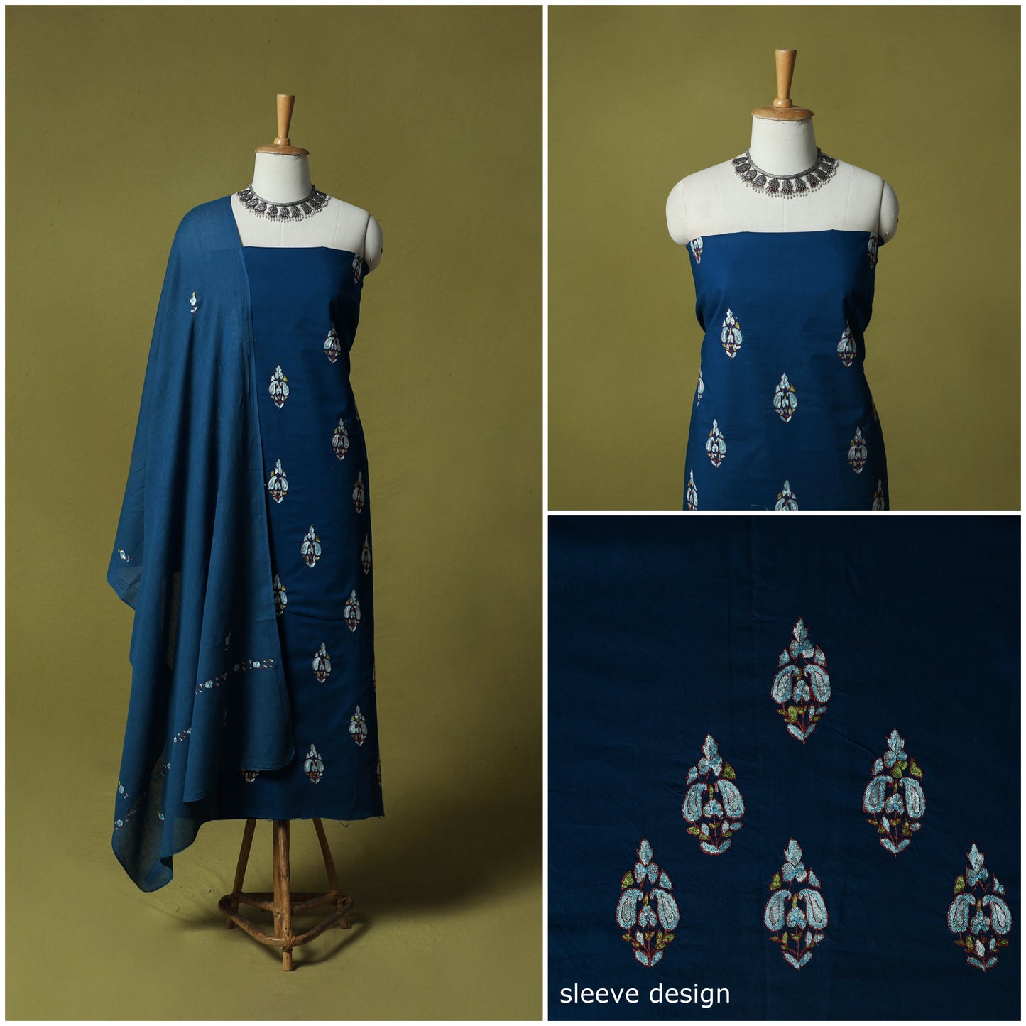 Blue - Hand Embroidered Cotton Kashida 3pc Unstitched Dress Material Suit Set 45
