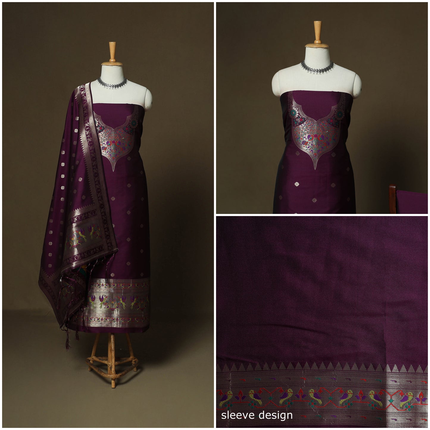 Purple - Bangalore Silk Paithani Weave 3pc Unstitched Dress Material Suit Set 03