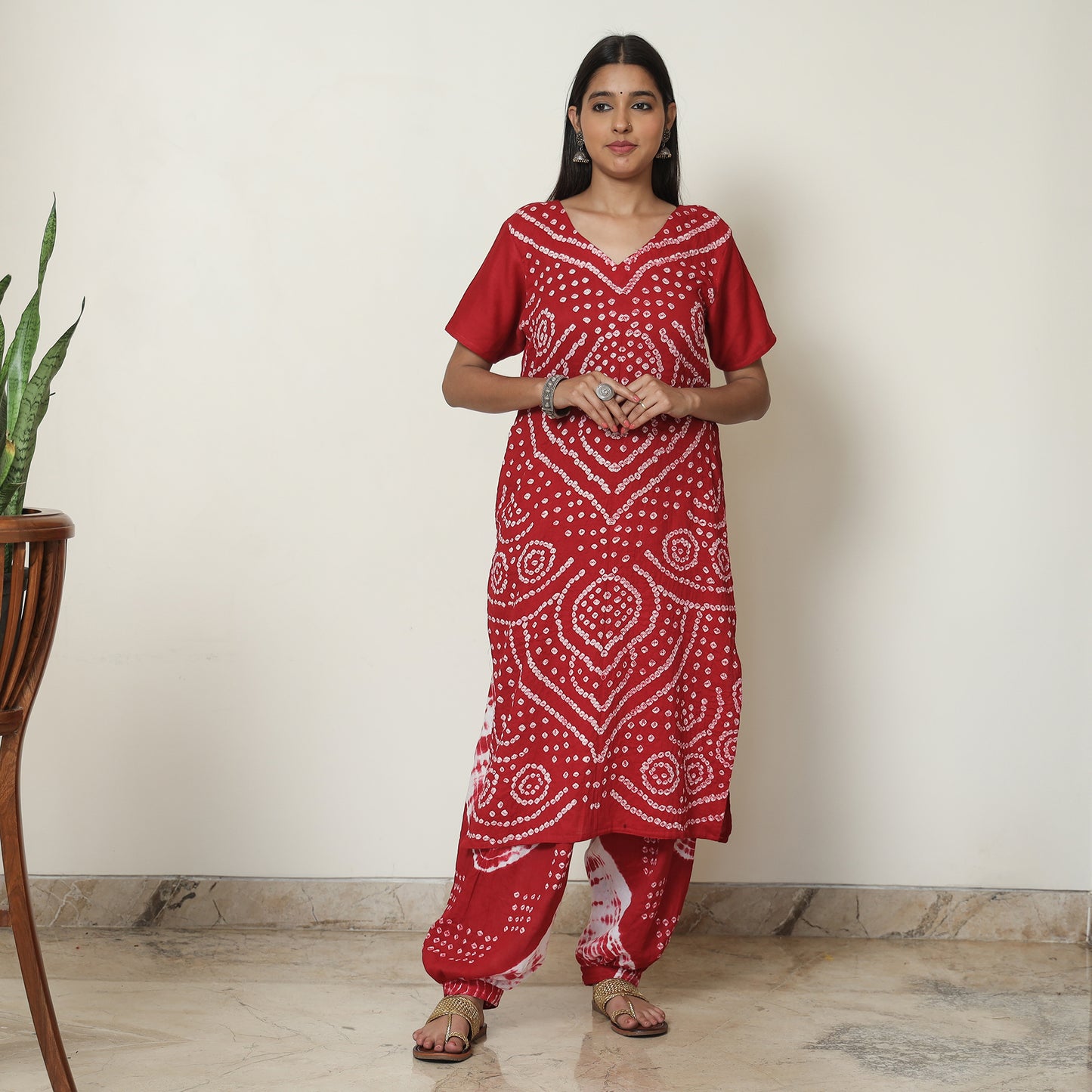 Red - Bandhani Tie-Dye Cotton Kurta with Afghani Salwar & Dupatta Set 01
