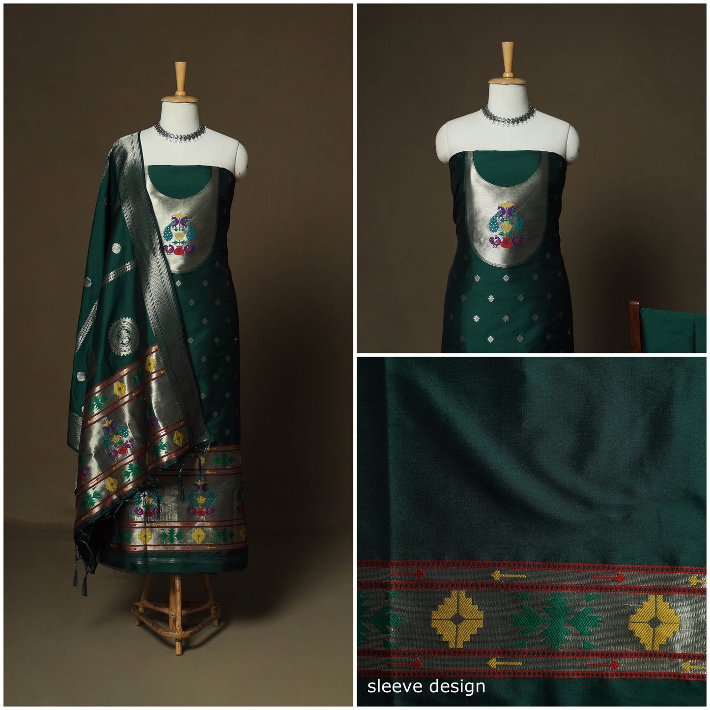 Green - Bangalore Silk Paithani Weave 3pc Unstitched Dress Material Suit Set 01