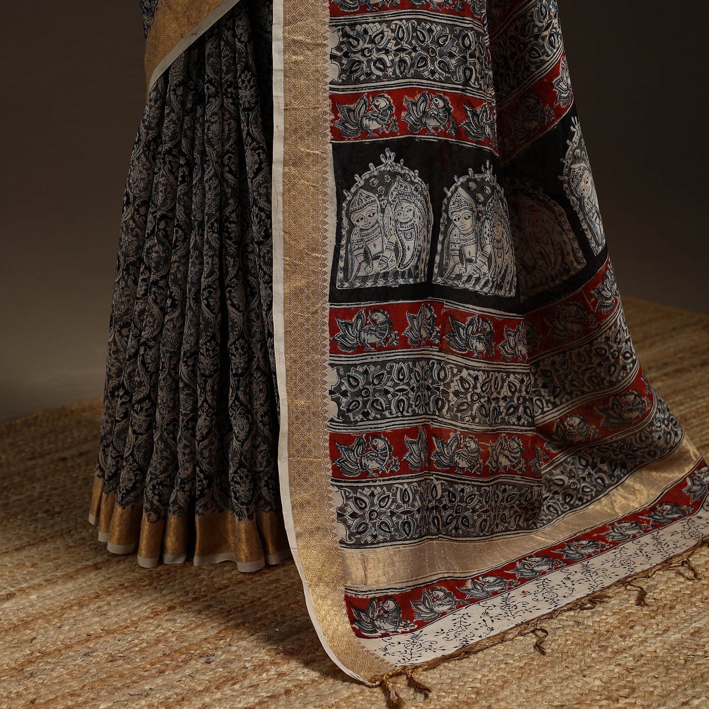Black - natural dyed pedana chanderi silk kalamkari saree