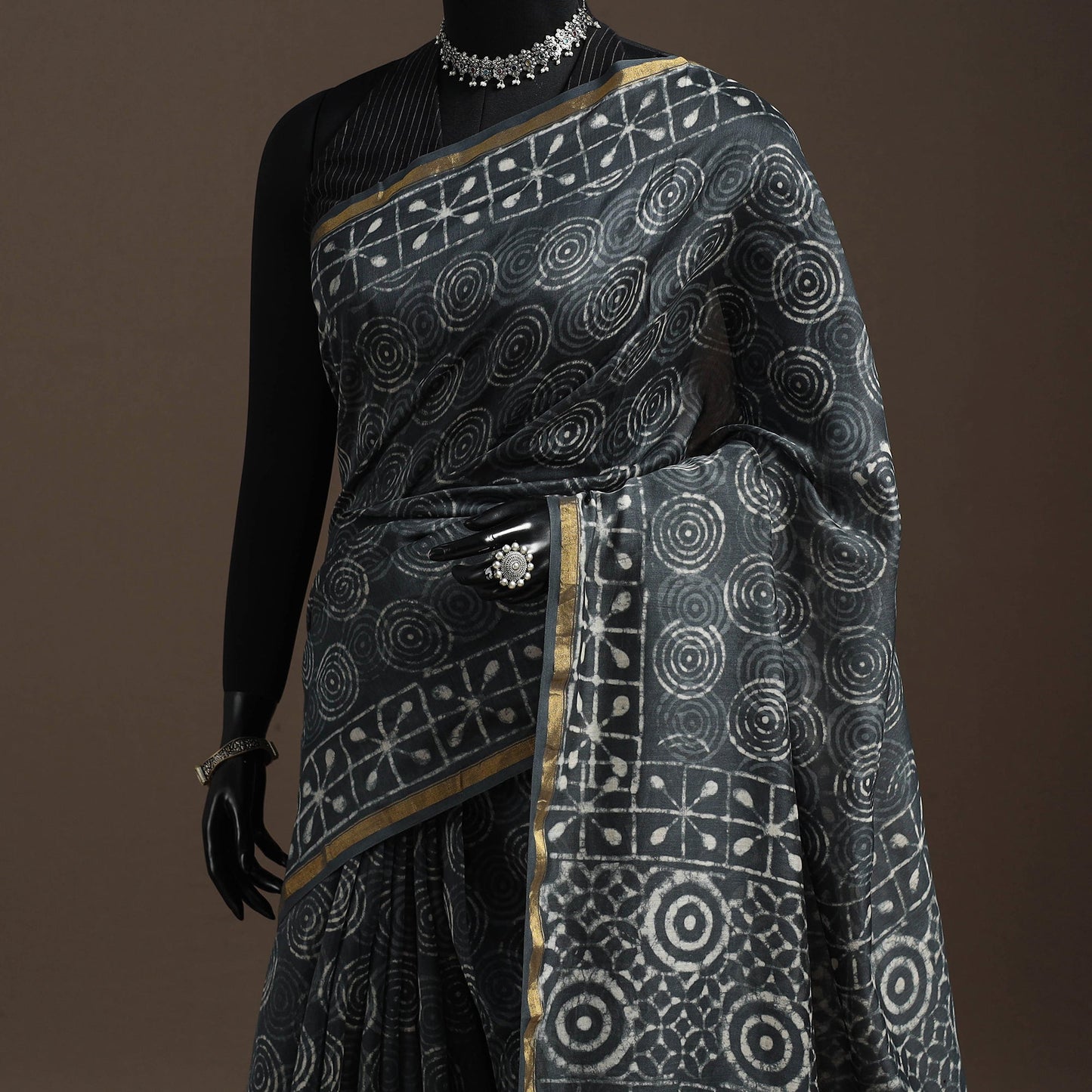 Grey - Chanderi Silk Hand Block Print Bagru Saree with Zari Border 16