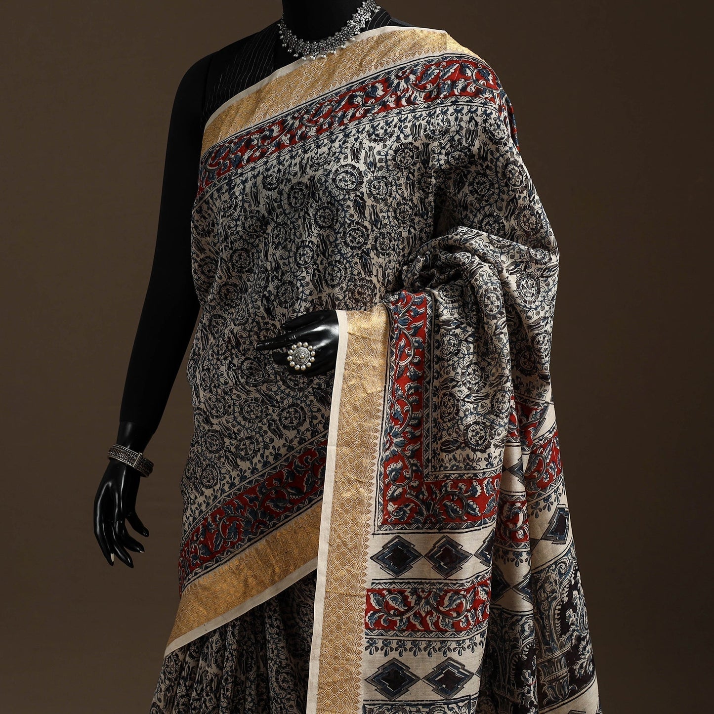 Black - natural dyed pedana chanderi silk kalamkari saree
