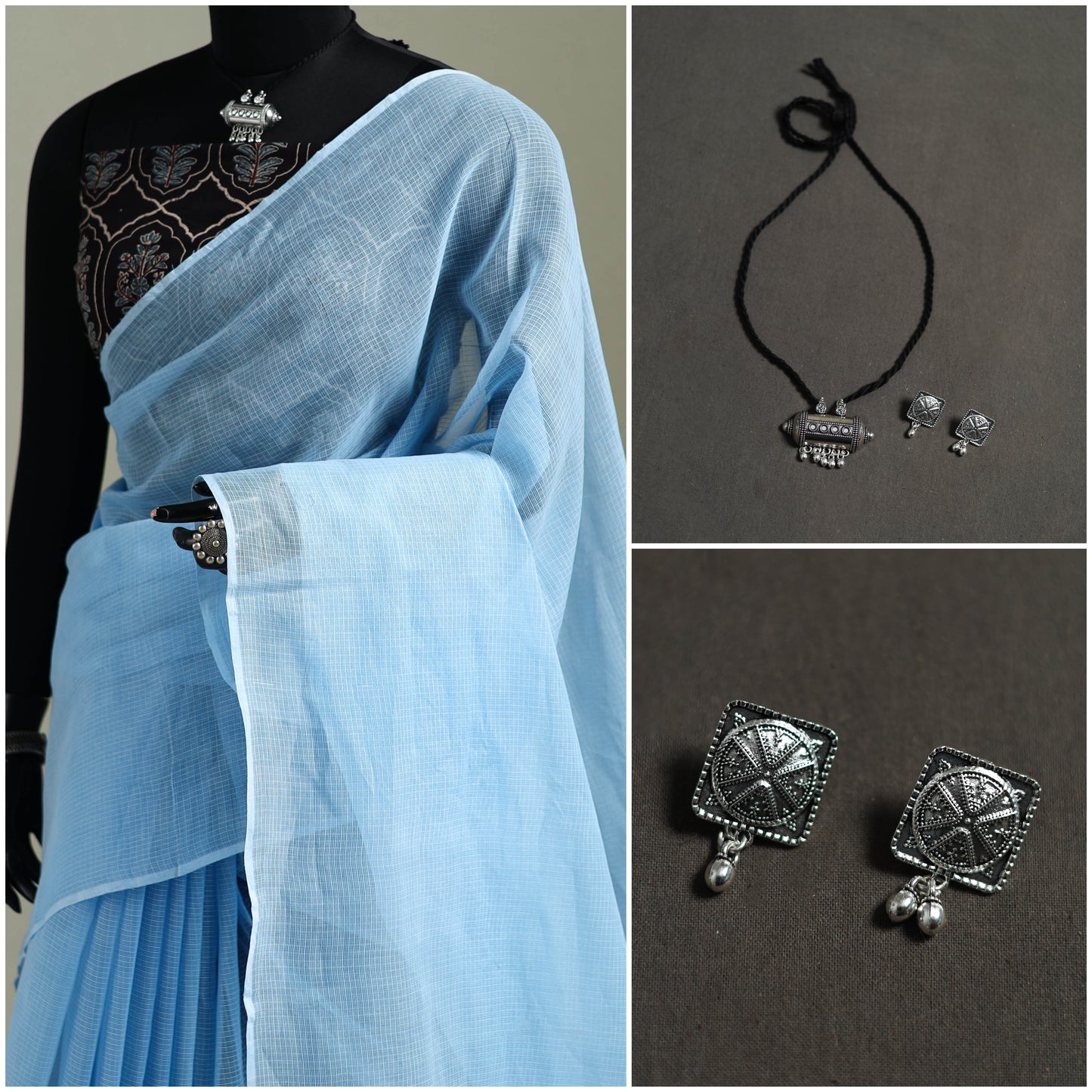 Blue - Nazaakat Kota Doria Cotton Plain Saree with Blouse & Jewellery Set 68