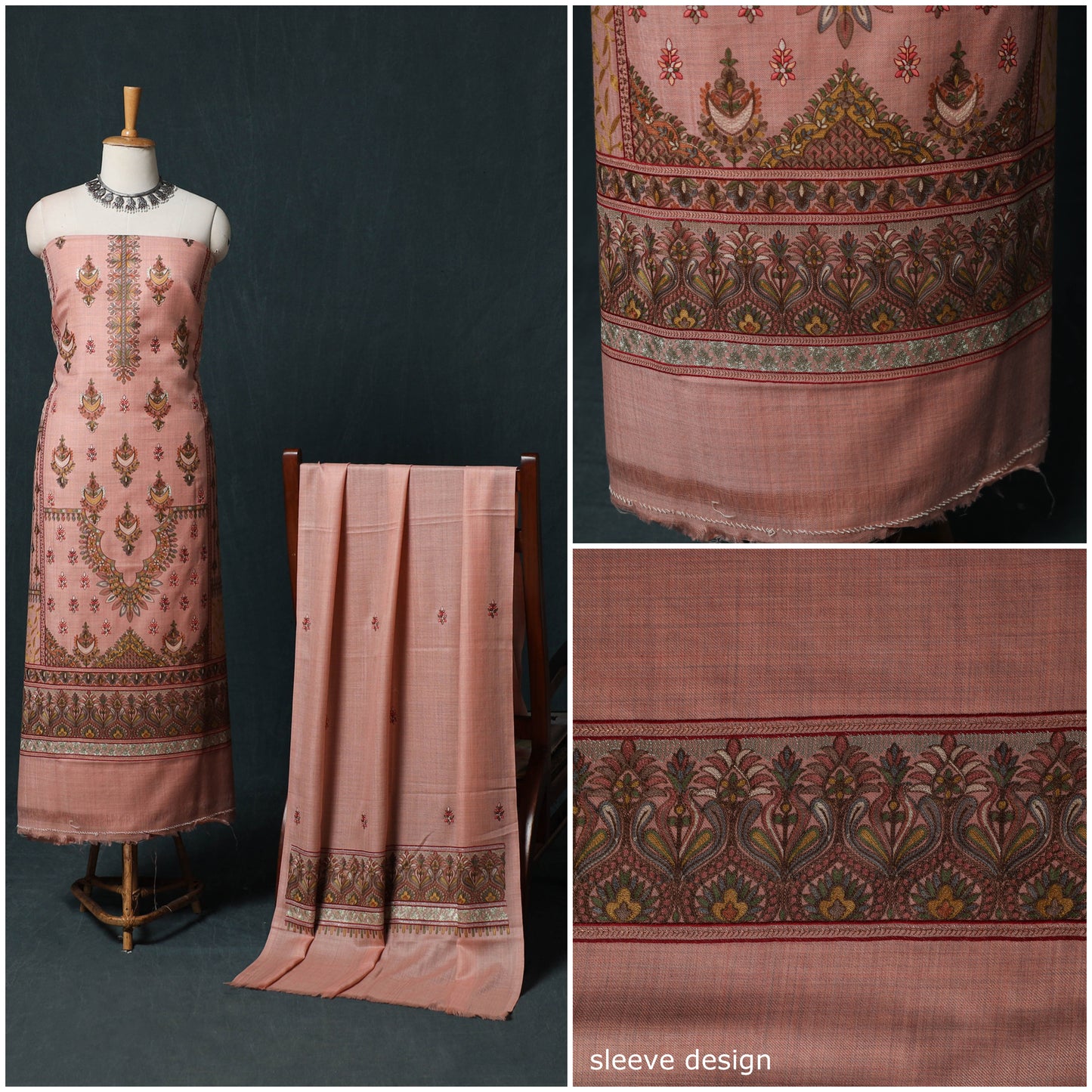 3pc Heavy Chain Stitch Embroidered Wool Unstitched Dress Material Suit Set 40