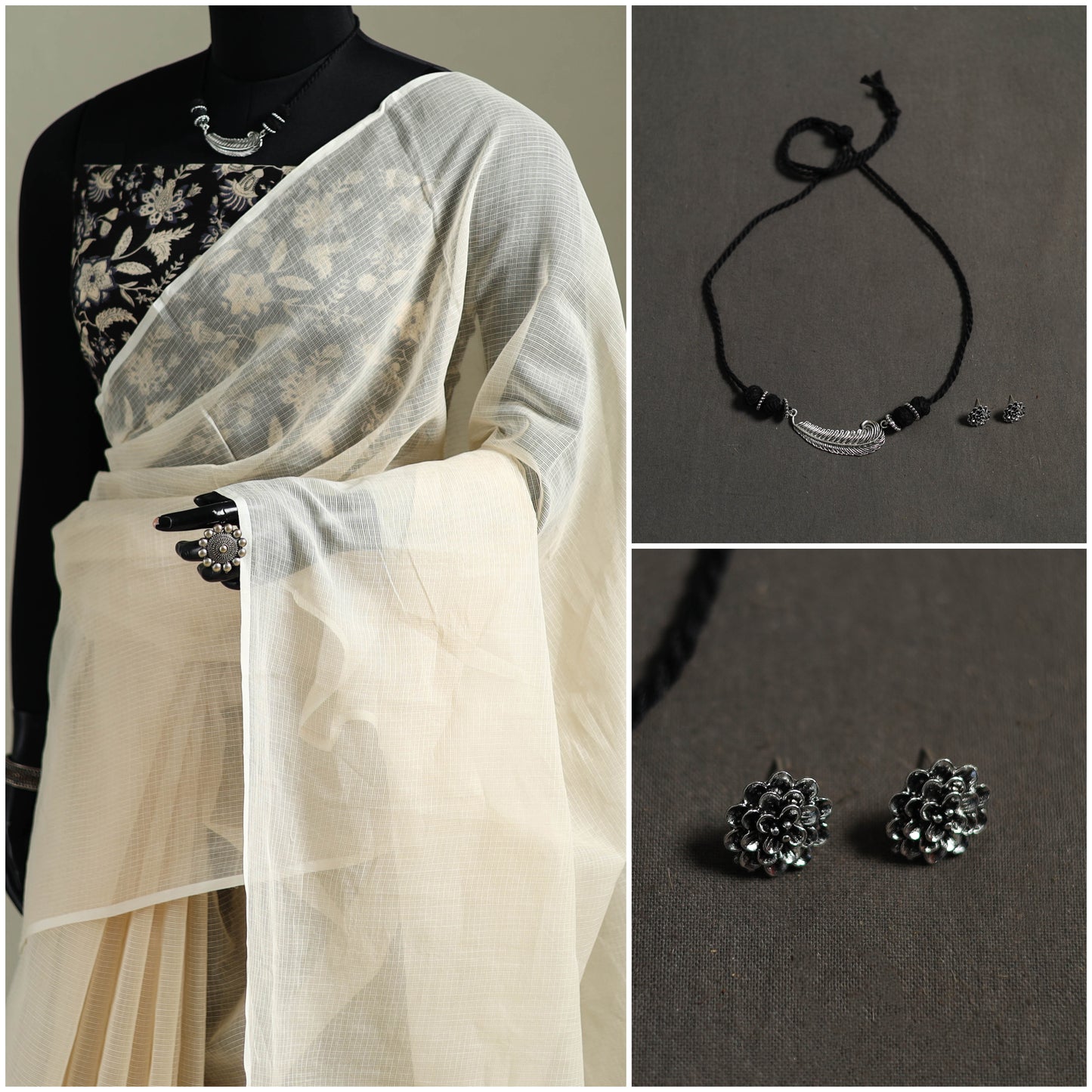 Beige - Nazaakat Kota Doria Cotton Plain Saree with Blouse & Jewellery Set 69