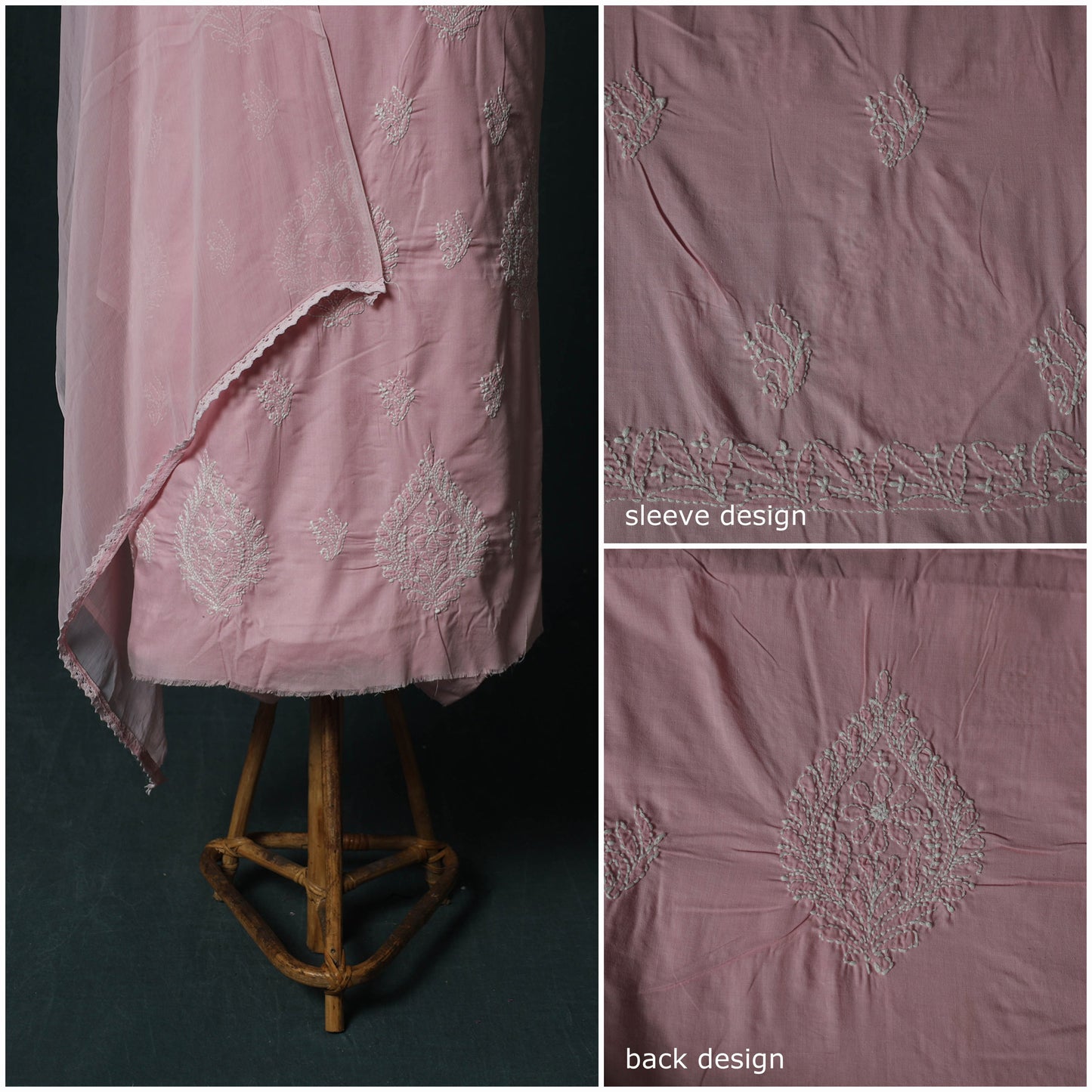 Pink - Lucknowi Chikankari Hand Embroidered Cotton 3pc Unstitched Dress Material Suit Set 44