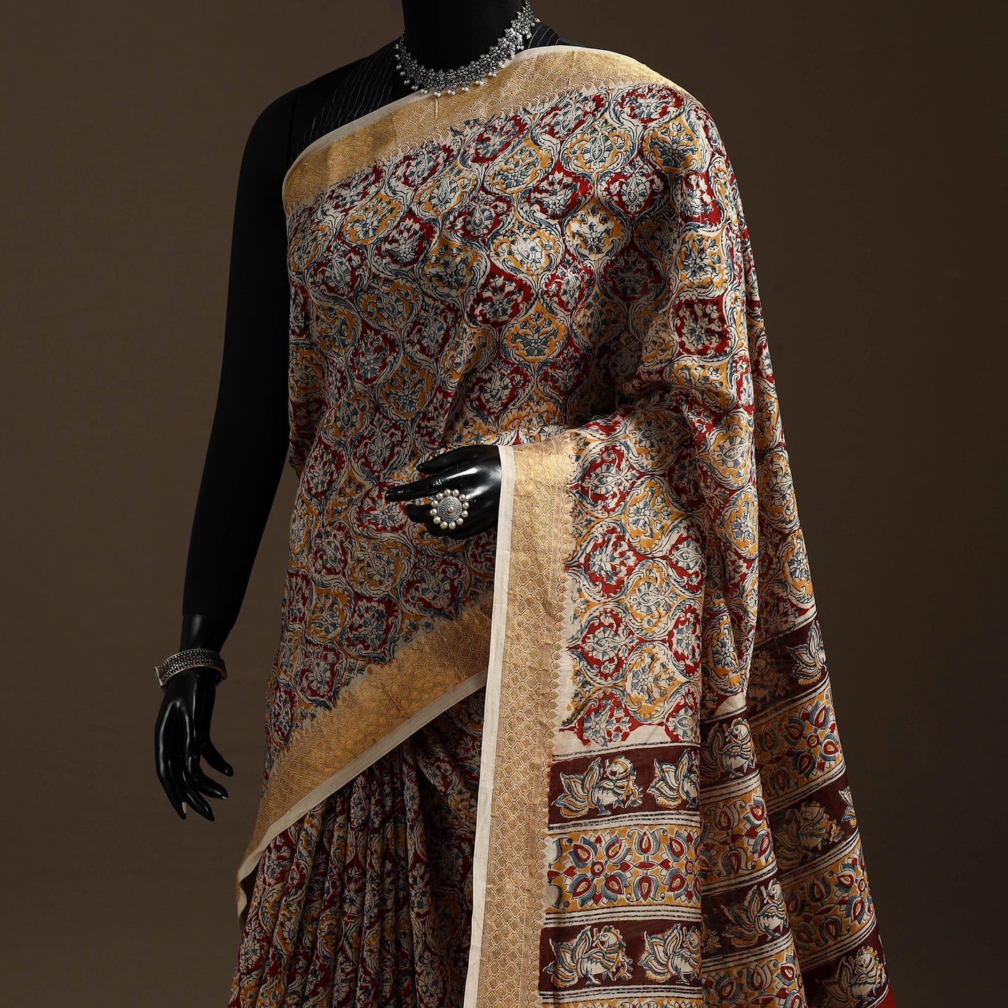 Brown - natural dyed pedana chanderi silk kalamkari saree