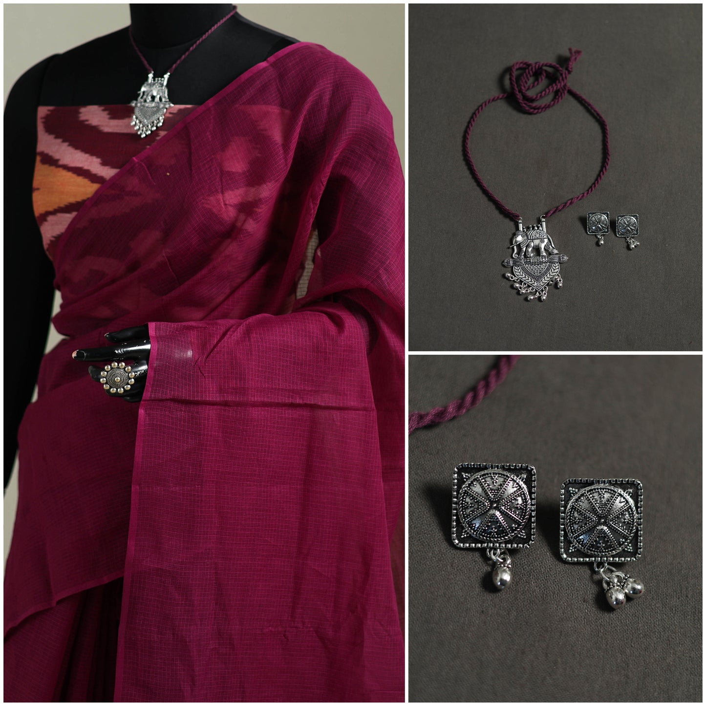 Purple - Nazaakat Kota Doria Cotton Plain Saree with Blouse & Jewellery Set 73