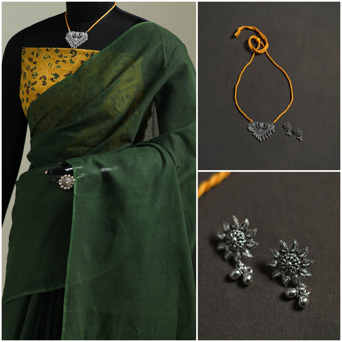 Green - Nazaakat Kota Doria Cotton Plain Saree with Blouse & Jewellery Set 74