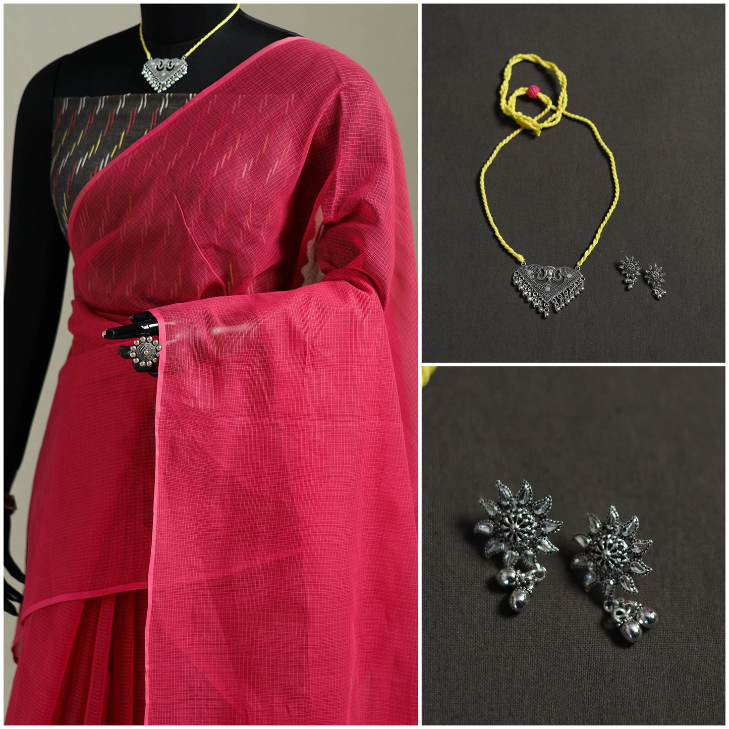 Pink - Nazaakat Kota Doria Cotton Plain Saree with Blouse & Jewellery Set 75