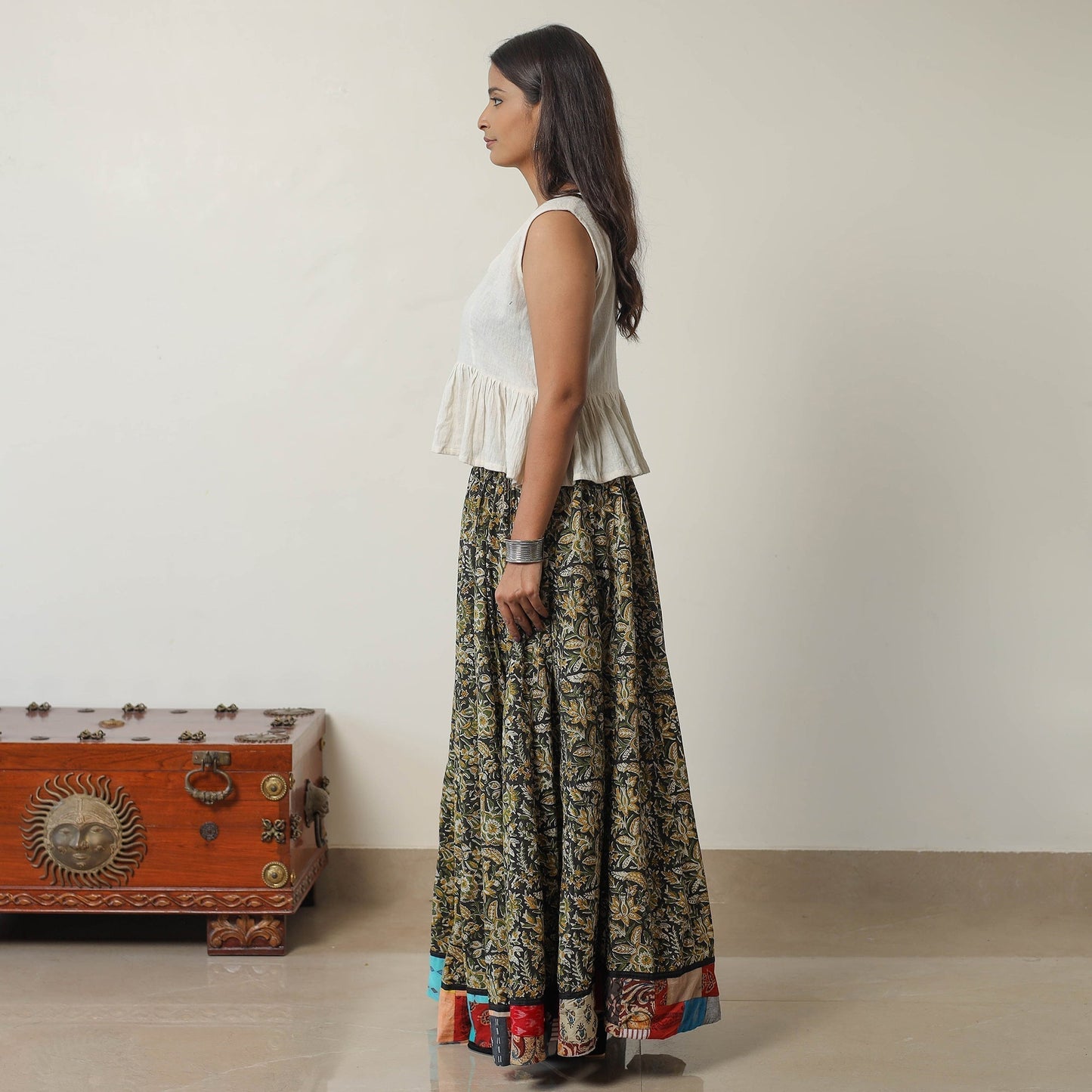 Multicolor - Green - Bagru Block Printed 24 Kali Patchwork Cotton Long Skirt 20