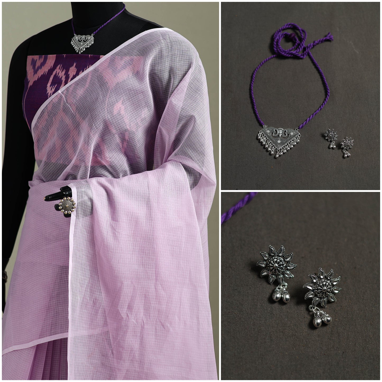 Purple - Nazaakat Kota Doria Cotton Plain Saree with Blouse & Jewellery Set 76