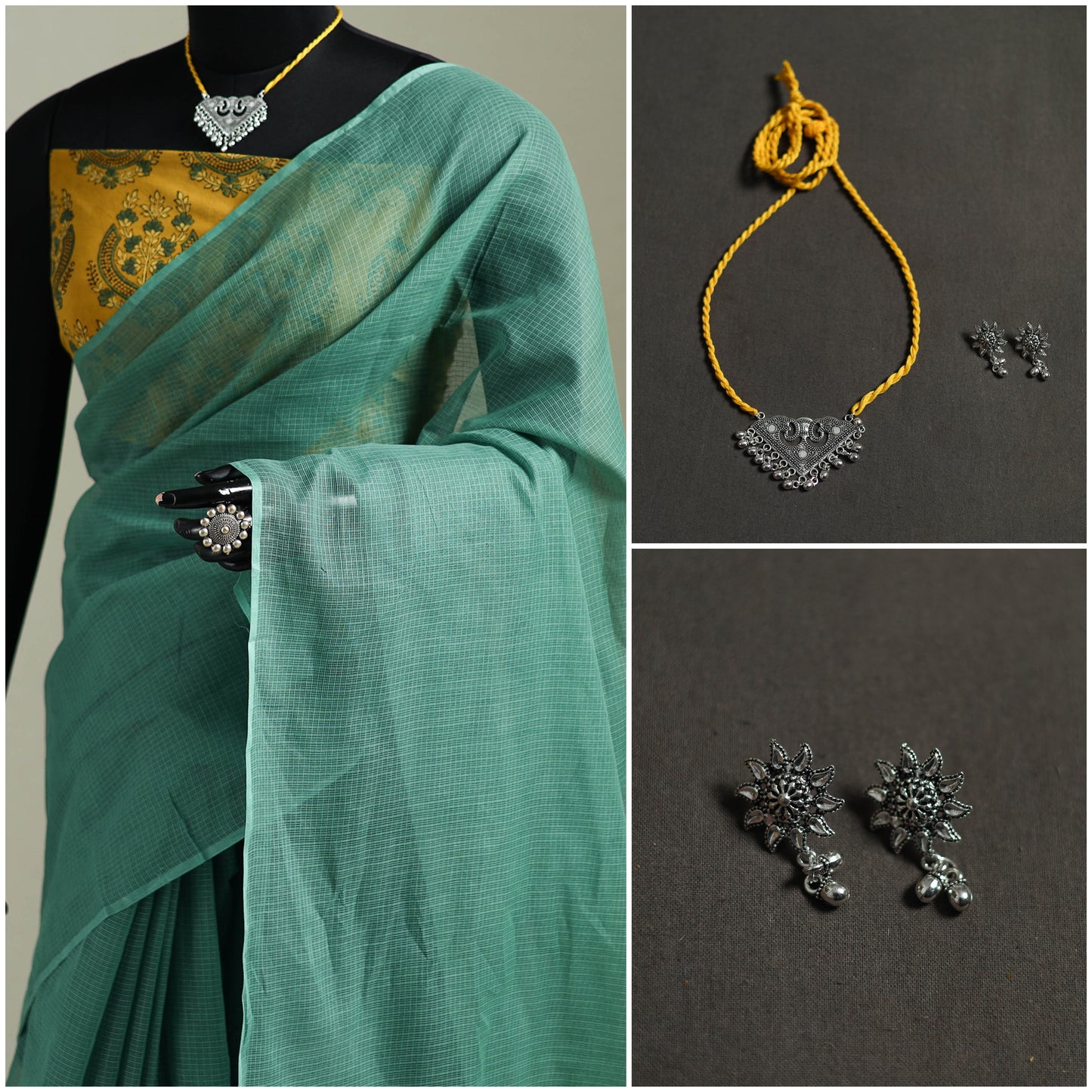 Green - Nazaakat Kota Doria Cotton Plain Saree with Blouse & Jewellery Set 77