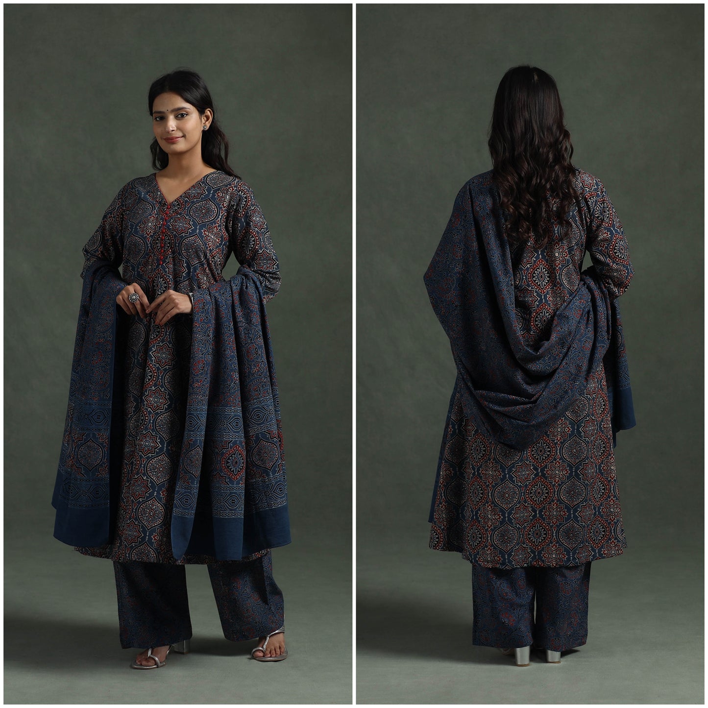 Ajrakh Hand Block Print Natural Dyed Cotton Suit Set with Dupatta for women 06
