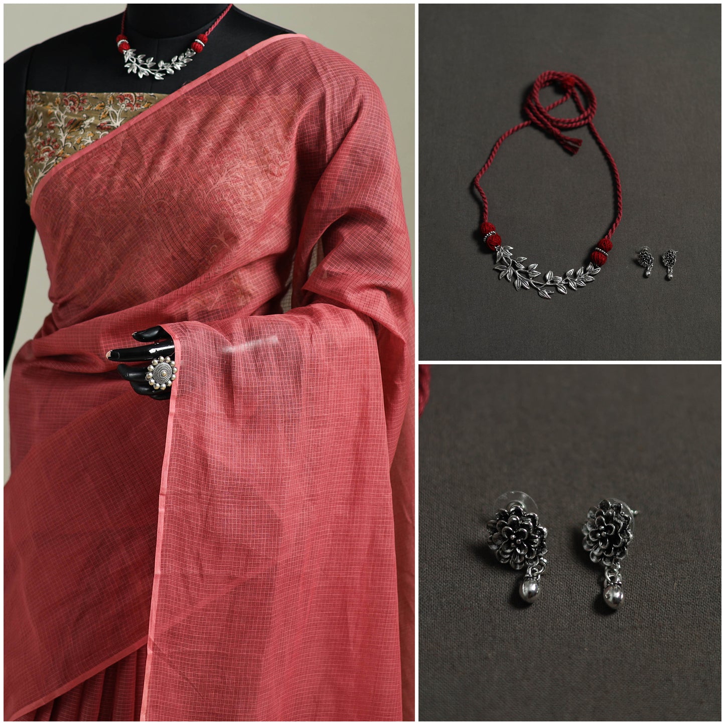 Red - Nazaakat Kota Doria Cotton Plain Saree with Blouse & Jewellery Set 124