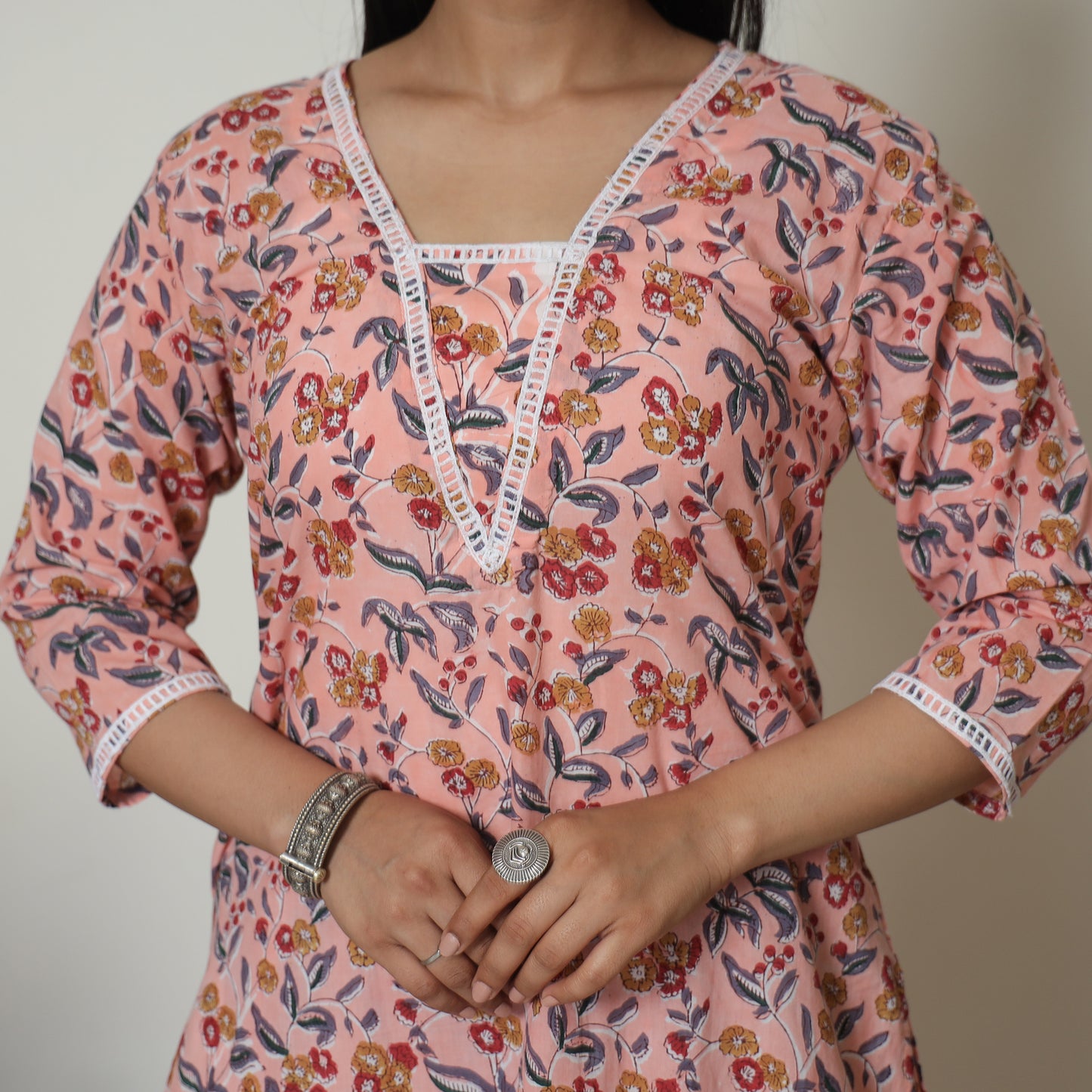 Peach - Sanganeri Block Printed Cotton Kurta with Palazzo Set 02