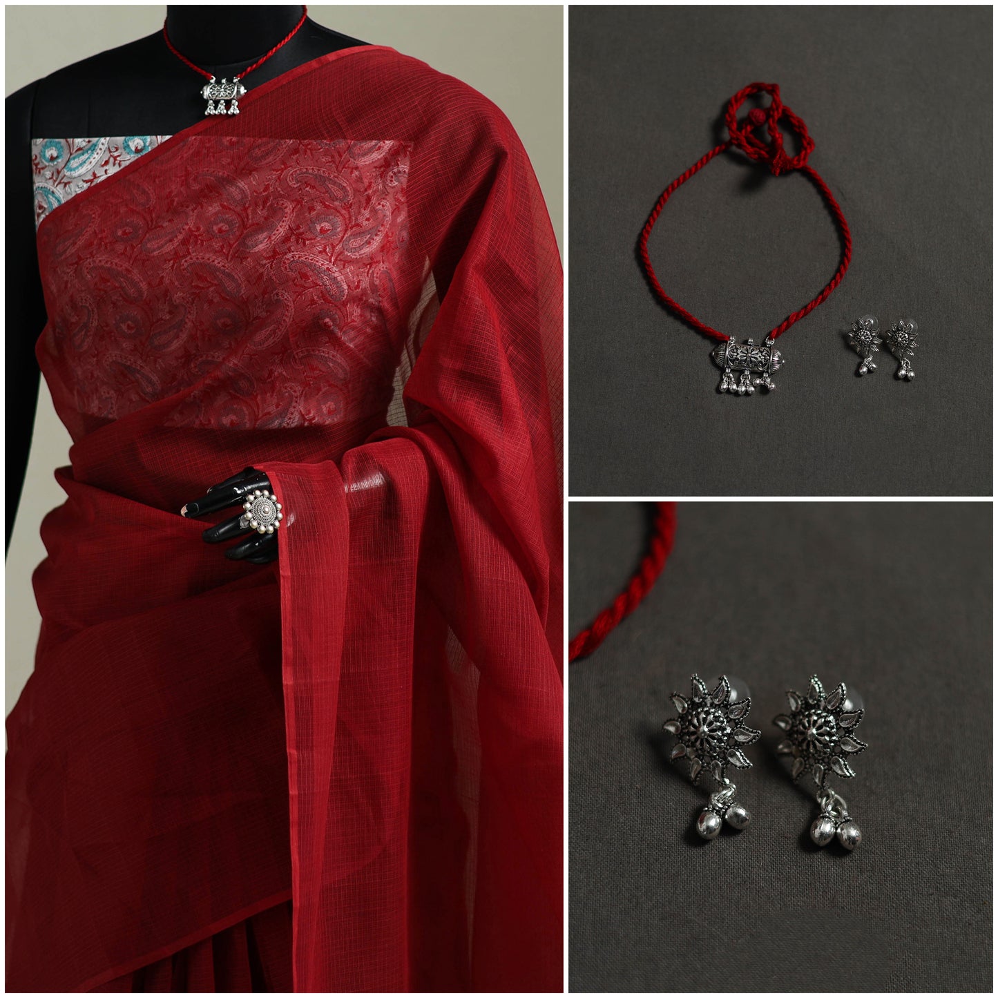 Red - Nazaakat Kota Doria Cotton Plain Saree with Blouse & Jewellery Set 166