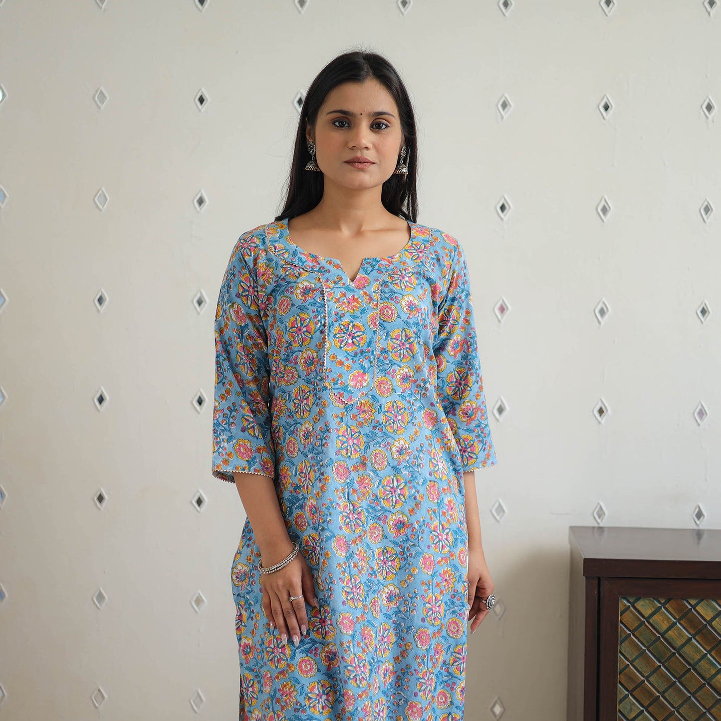 Blue Block Printed Cotton Gota Work Long Sanganeri Kurta for Women