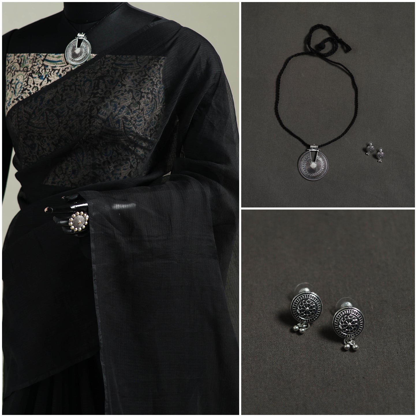 Black - Nazaakat Kota Doria Cotton Plain Saree with Blouse & Jewellery Set 04