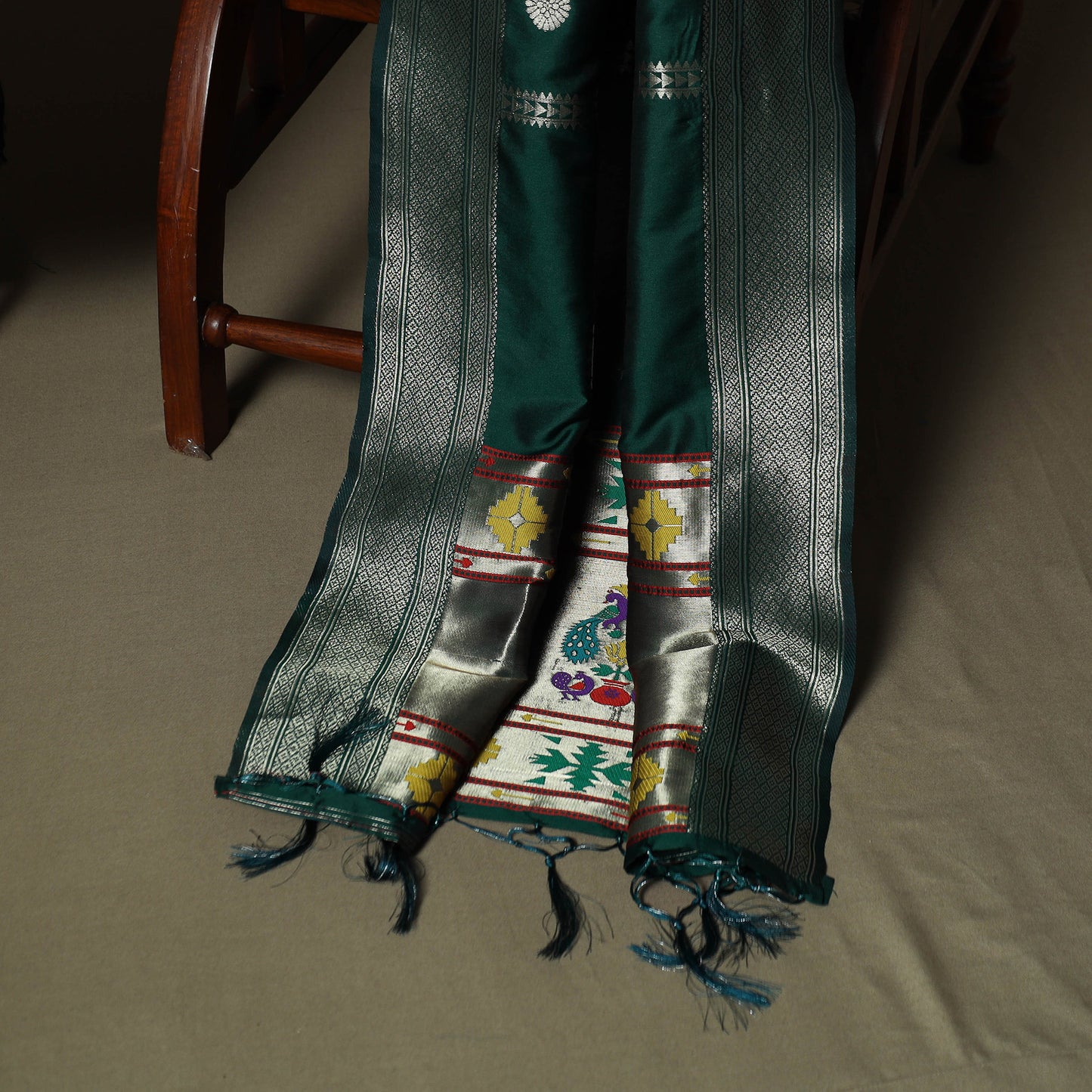 Green - Bangalore Silk Paithani Weave 3pc Unstitched Dress Material Suit Set 01