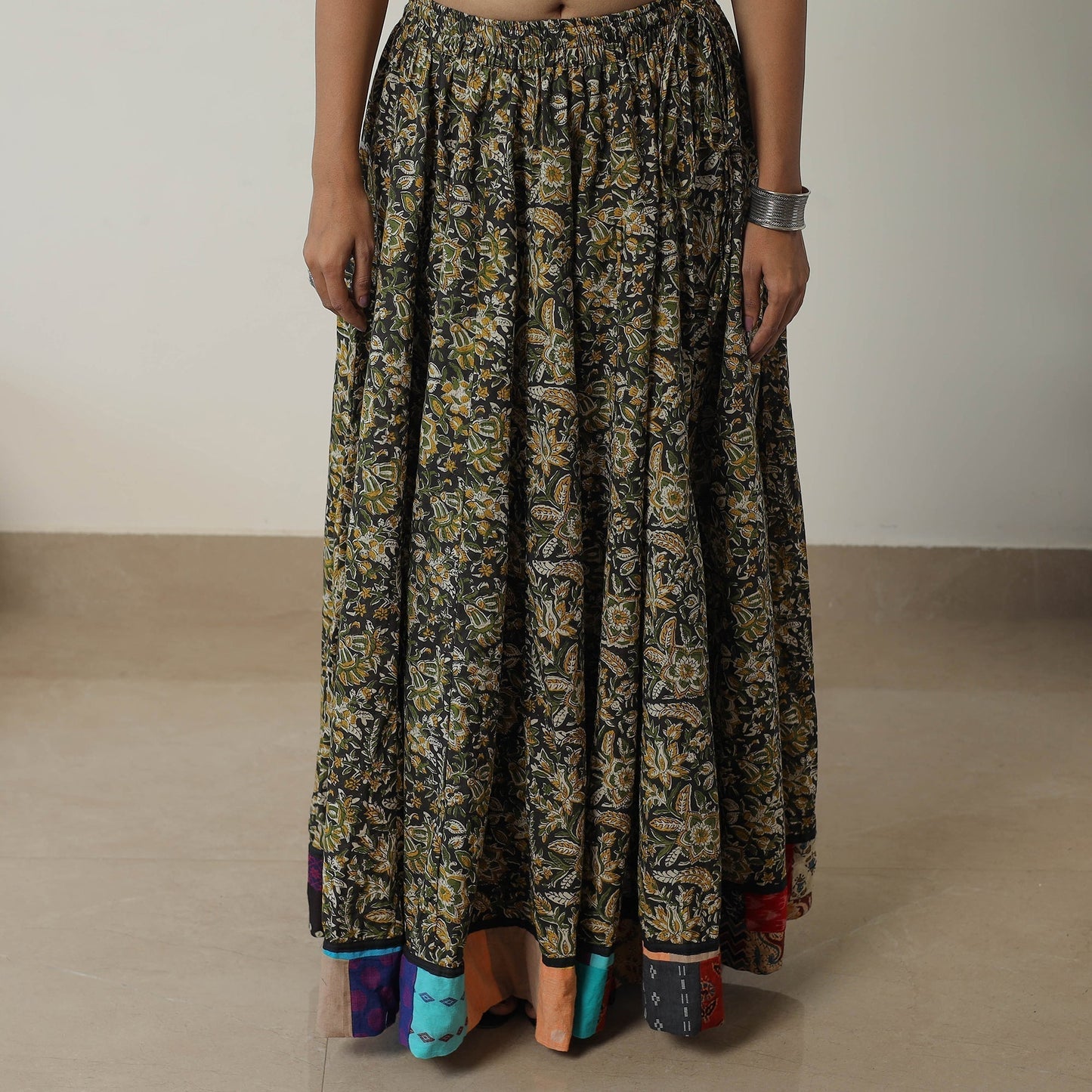 Multicolor - Green - Bagru Block Printed 24 Kali Patchwork Cotton Long Skirt 20