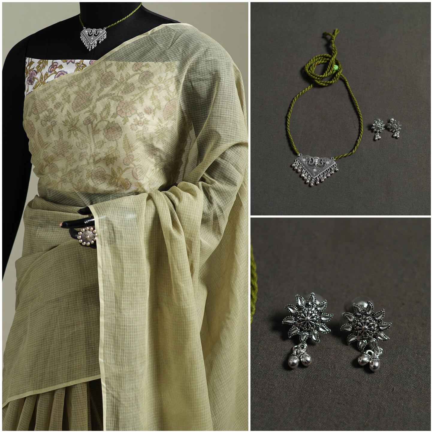 Green - Nazaakat Kota Doria Cotton Plain Saree with Blouse & Jewellery Set 78
