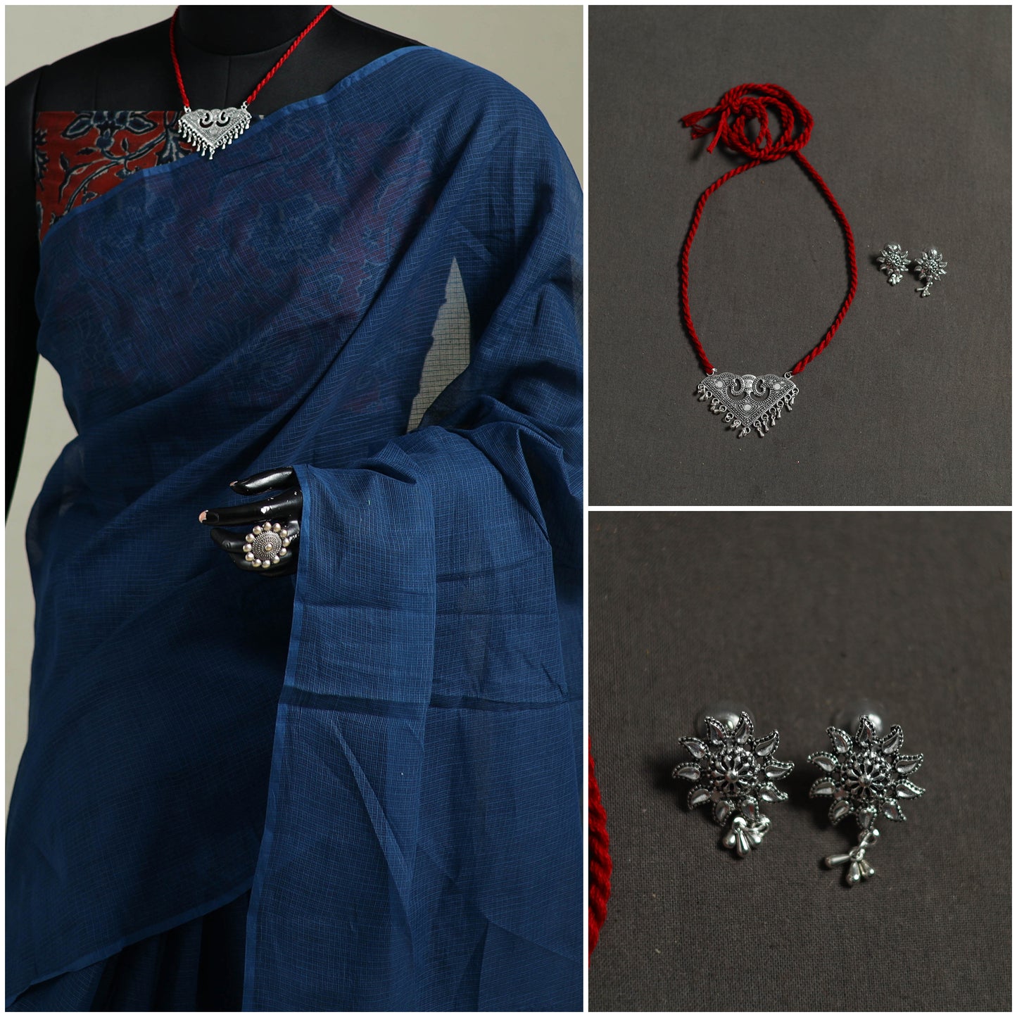 Blue - Nazaakat Kota Doria Cotton Plain Saree with Blouse & Jewellery Set 79