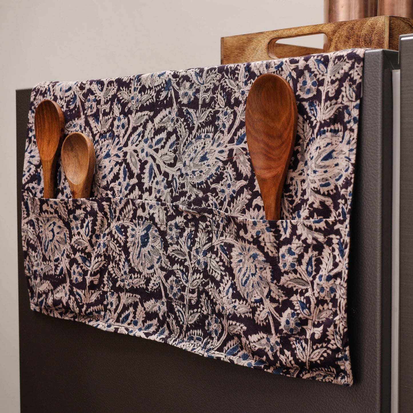 Black Kalamkari Block Printed Fridge Top Cover with Handle Cover