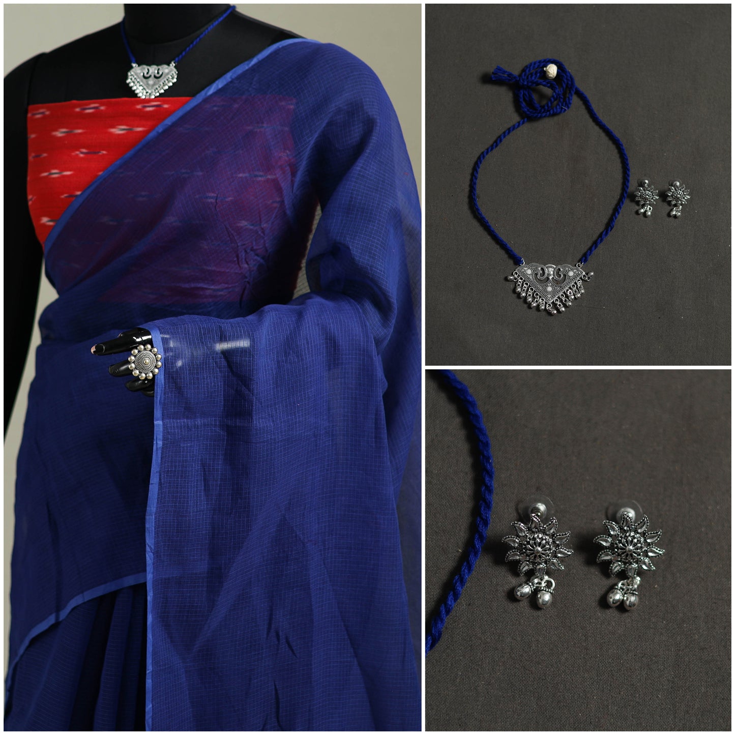 Blue - Nazaakat Kota Doria Cotton Plain Saree with Blouse & Jewellery Set 80