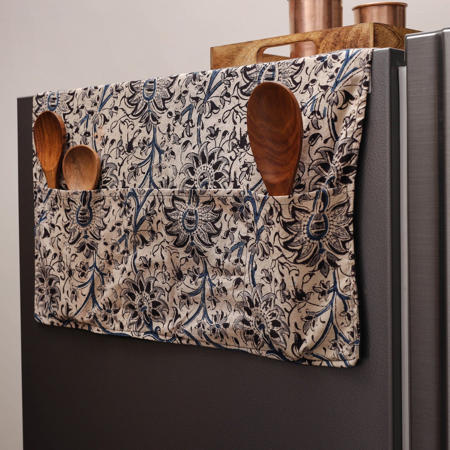 Beige Kalamkari Block Printed Fridge Top Cover with Handle Cover