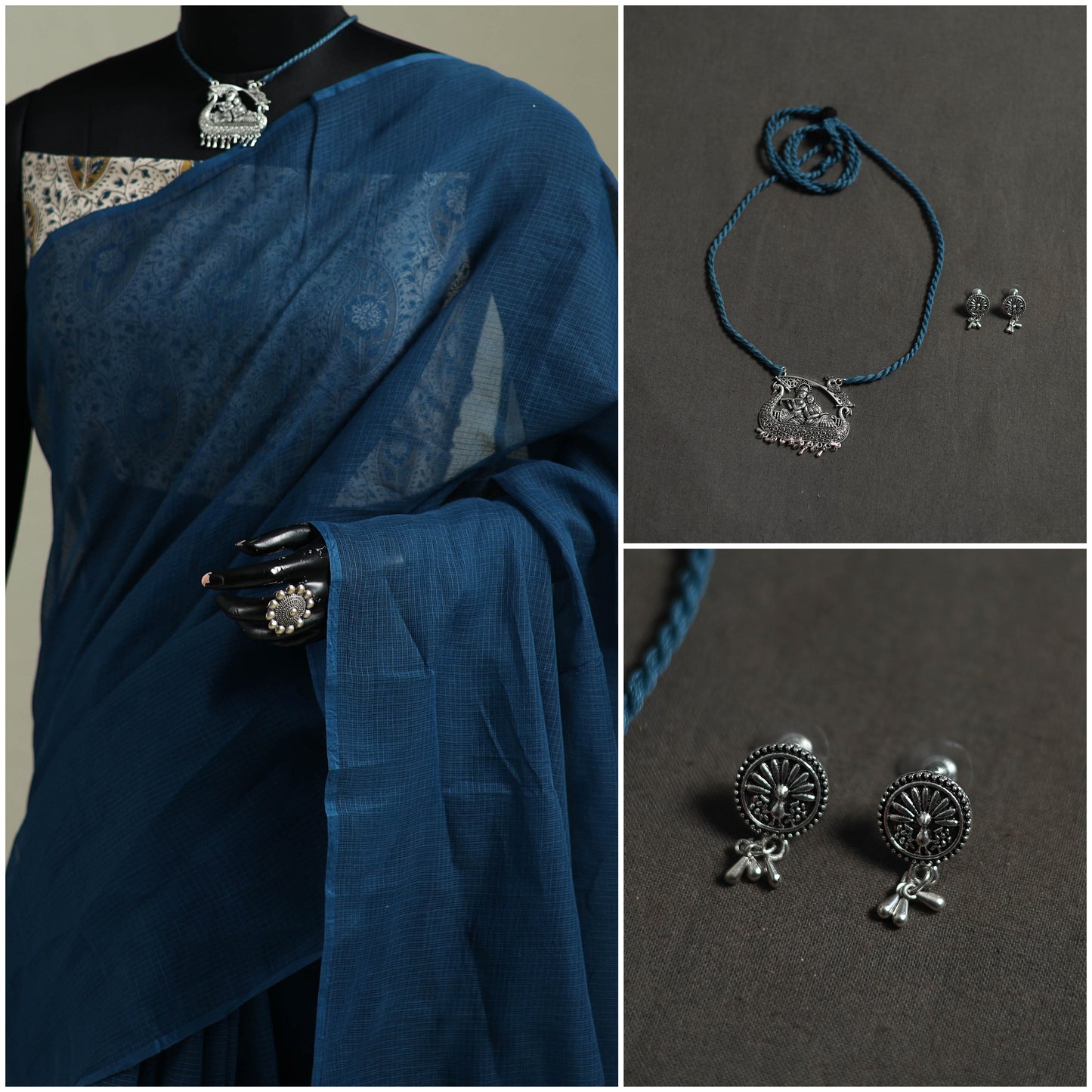 Blue - Nazaakat Kota Doria Cotton Plain Saree with Blouse & Jewellery Set 84