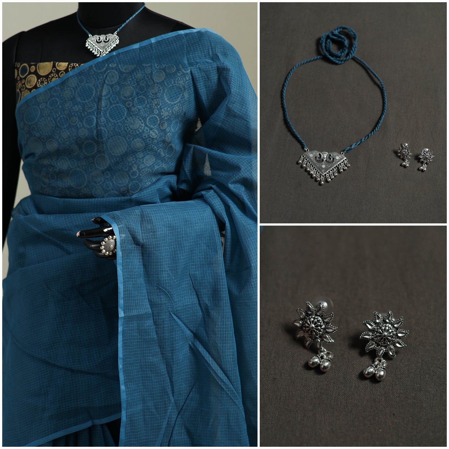 Blue - Nazaakat Kota Doria Cotton Plain Saree with Blouse & Jewellery Set 83