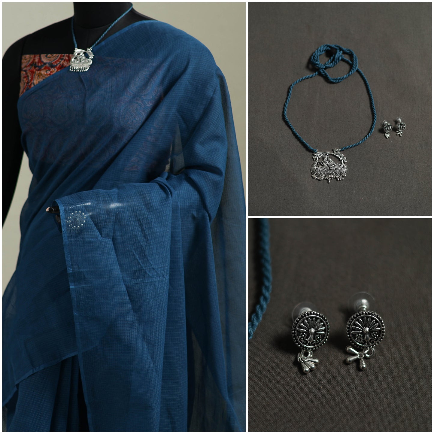 Blue - Nazaakat Kota Doria Cotton Plain Saree with Blouse & Jewellery Set 85