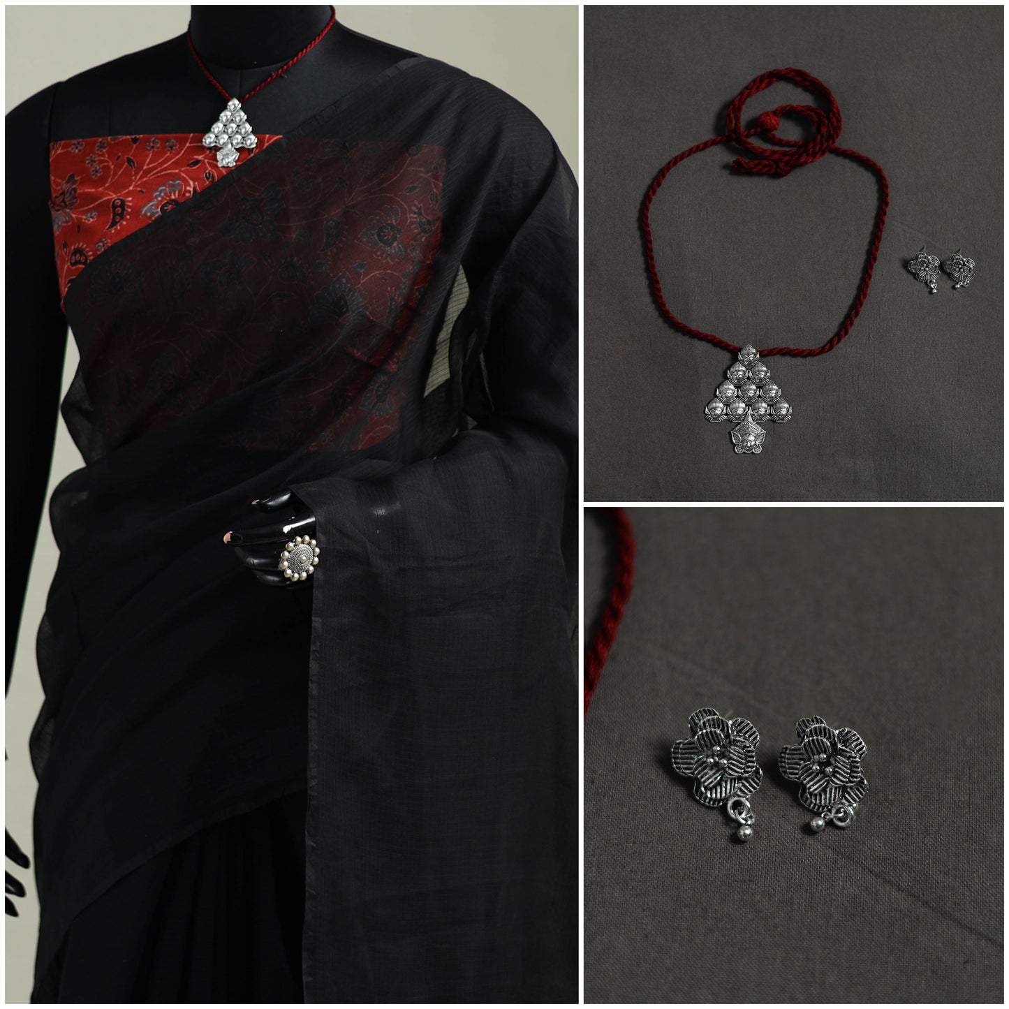Black - Nazaakat Kota Doria Cotton Plain Saree with Blouse & Jewellery Set 05