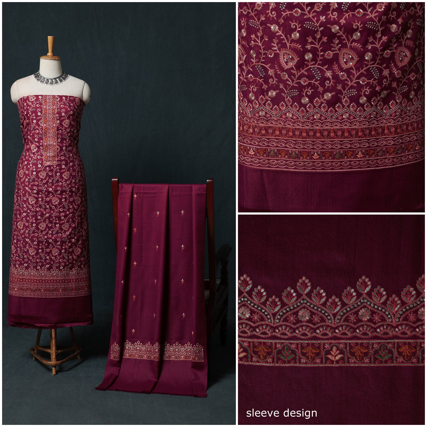 3pc Heavy Embroidered Wool Unstitched Dress Material Suit Set 45