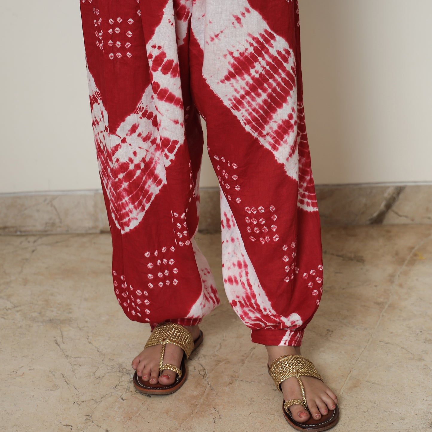 Red - Bandhani Tie-Dye Cotton Kurta with Afghani Salwar & Dupatta Set 01