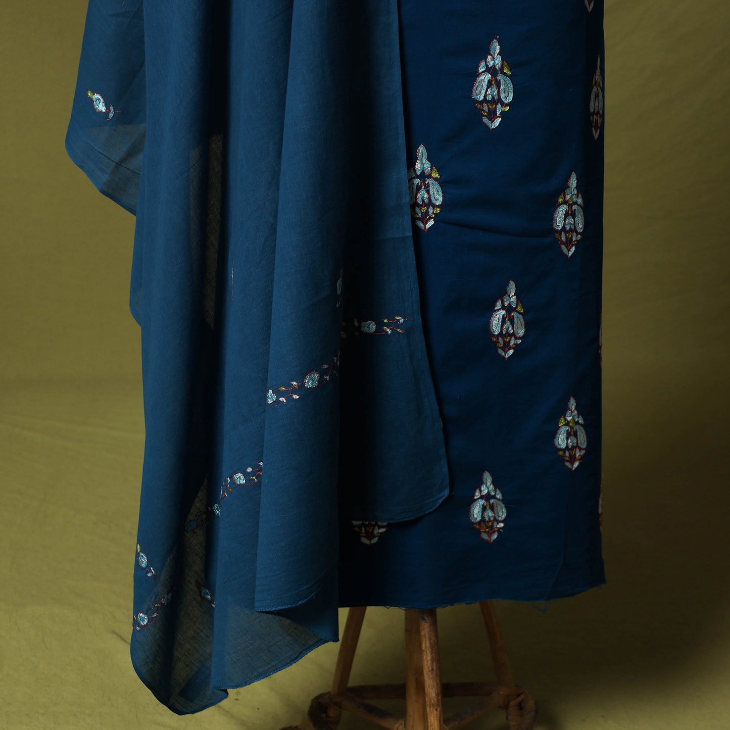 Blue - Hand Embroidered Cotton Kashida 3pc Unstitched Dress Material Suit Set 45