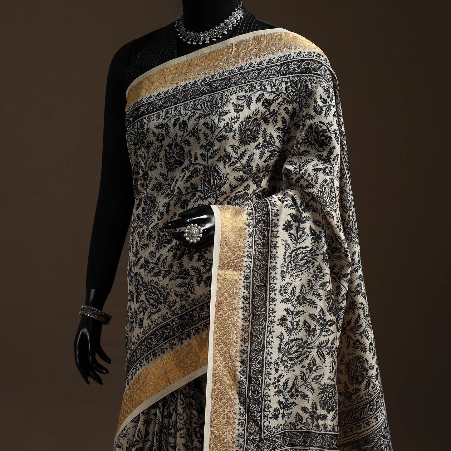 Black - natural dyed pedana chanderi silk kalamkari saree