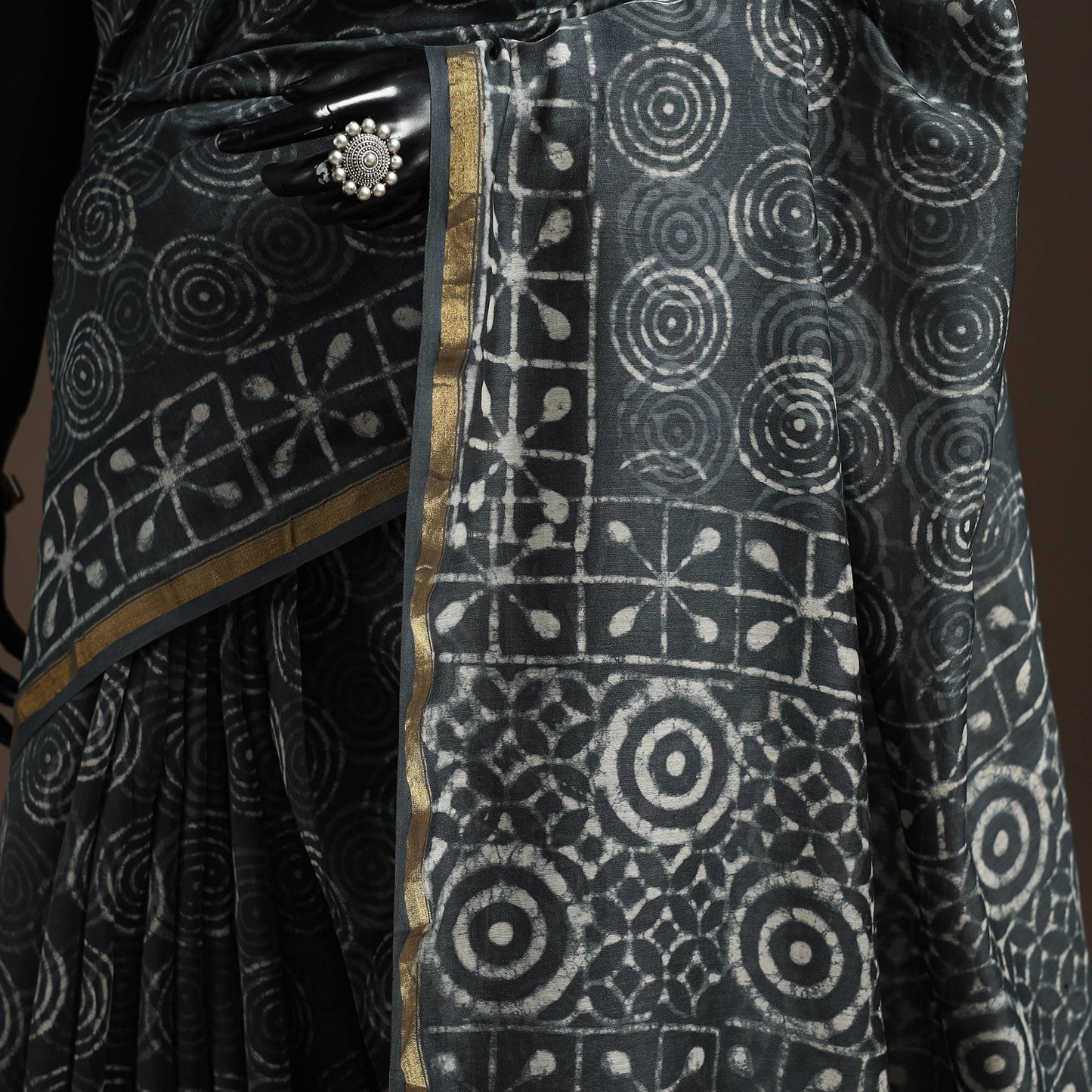 Grey - Chanderi Silk Hand Block Print Bagru Saree with Zari Border 16