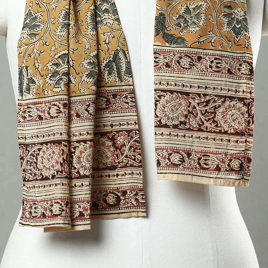 Yellow Pedana Block Print Natural Dyed Cotton Kalamkari Stole