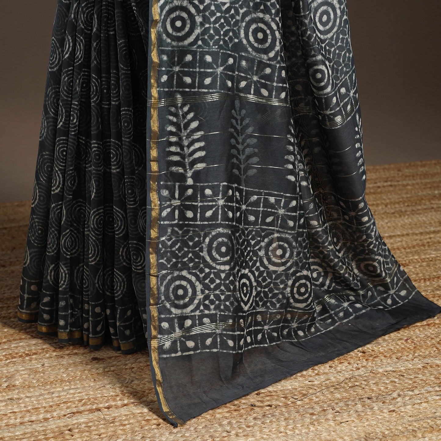 Grey - Chanderi Silk Hand Block Print Bagru Saree with Zari Border 16